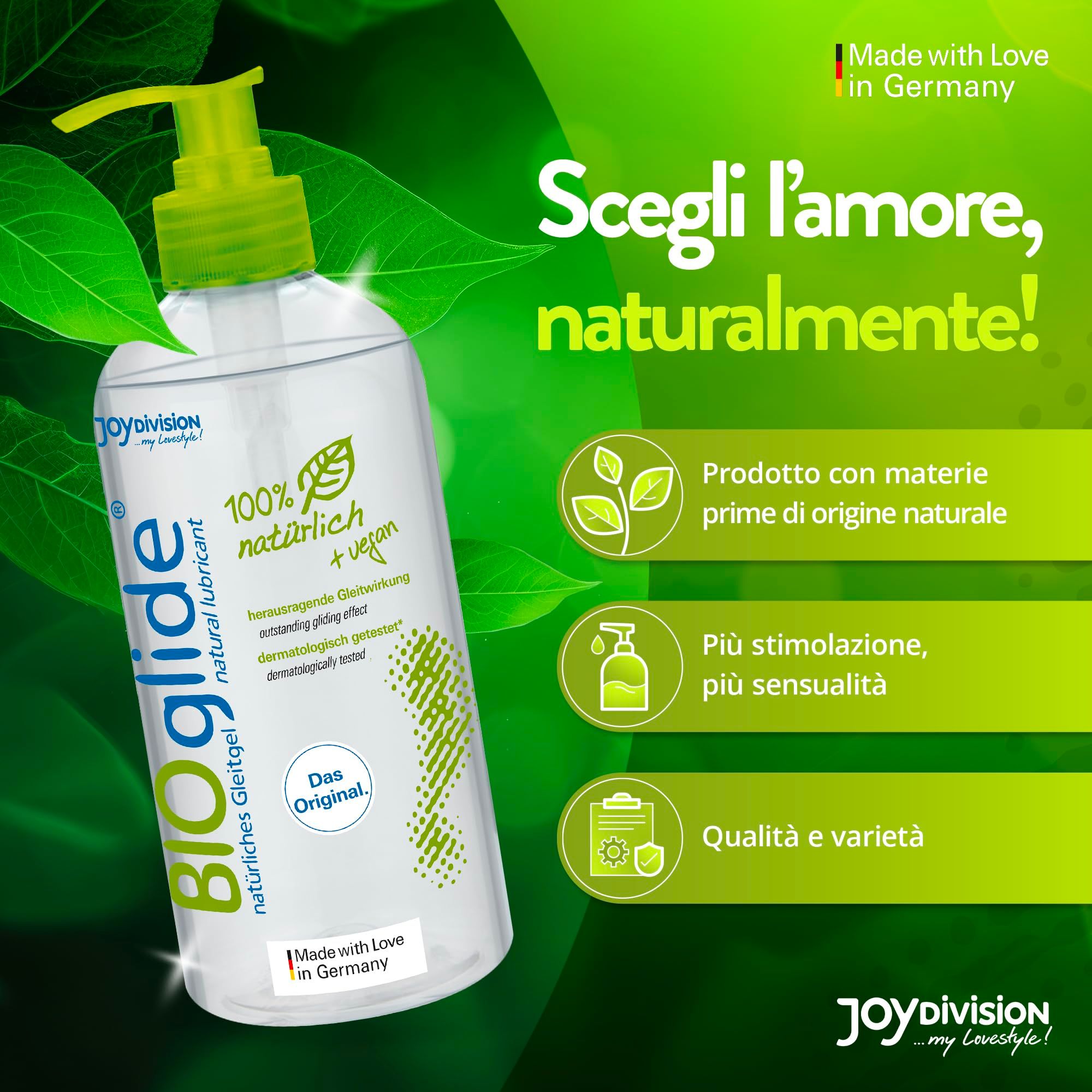 BIOglide Gleitgel Flasche mit Pumpspender, umgeben von Blättern. "Scegli l'amore, naturalmente!"