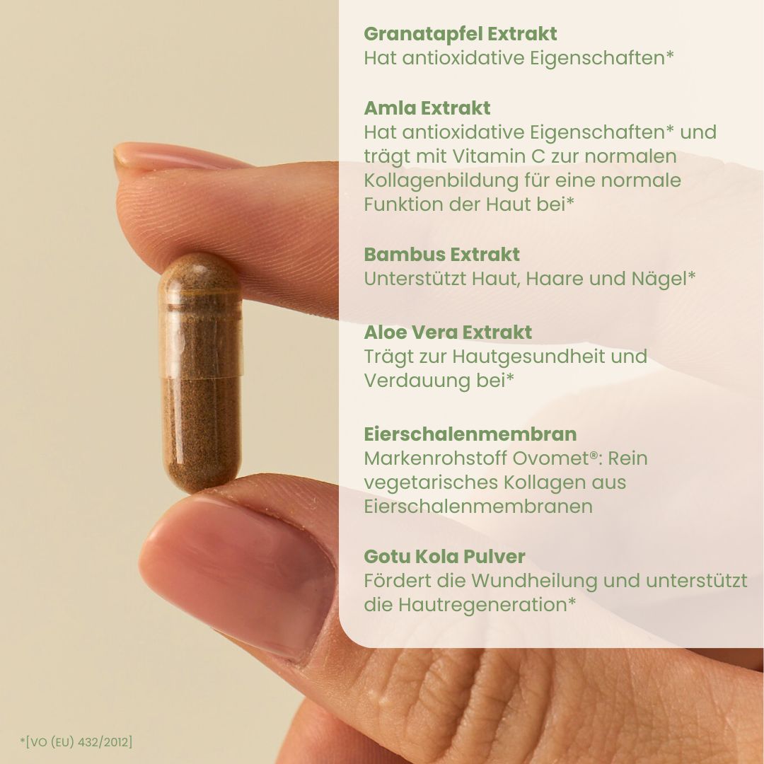 Braune Kapsel in Hand. Text: Granatapfelextrakt, Amla Extrakt, Bambus Extrakt, Aloe Vera Extrakt, Eierschalenmembran, Gotu Kola Pulver.