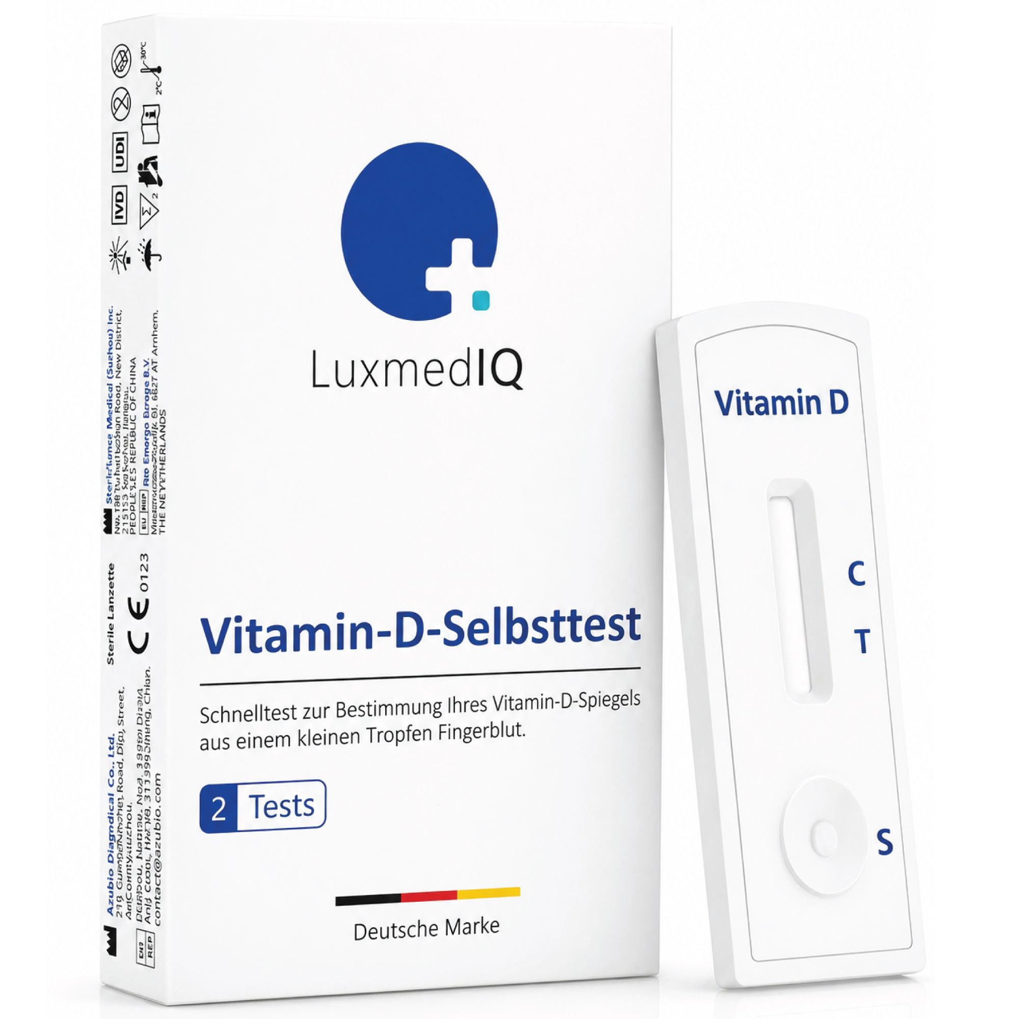 Testkit für Vitamin D. Enthält Testkarte und Verpackung mit Produktnamen und Logo. Deutsche Marke.