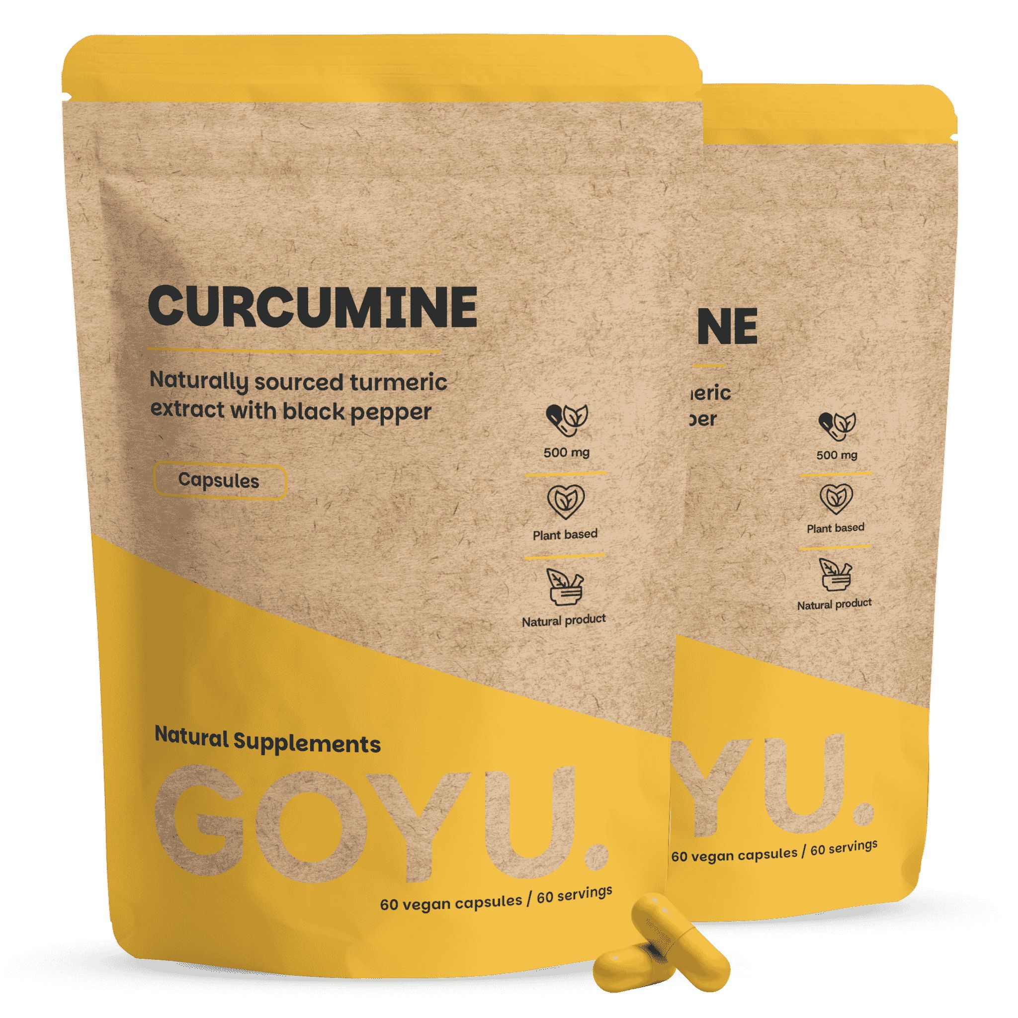 Zwei braune Beutel mit Curcumin-Kapseln, einer vorne, einer leicht versetzt. Gelber Streifen unten.