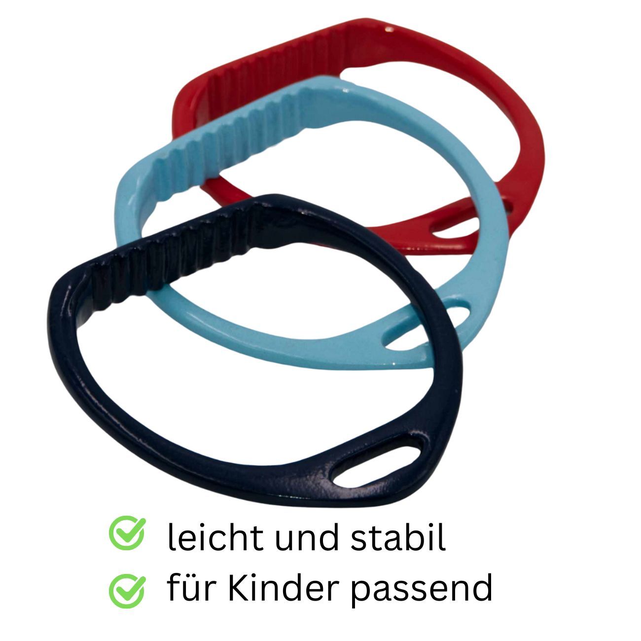 Drei farbige Steigbügel. Blau, rot und dunkelblau. Text: leicht und stabil, für Kinder passend.