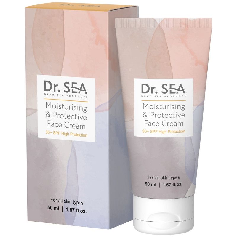 Creme-Tube und Schachtel. Aufschrift: Dr. SEA, Moisturising & Protective Face Cream SPF30+. Für alle Hauttypen, 50 ml.