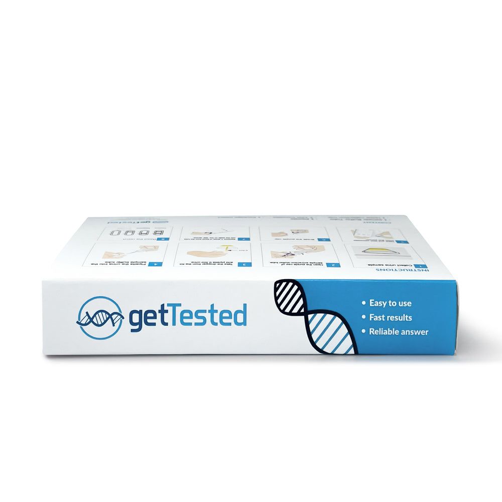 GetTested 3 in 1 STI Test Box. Oberseite mit Logo und DNA-Symbol. Text: Easy to use, Fast results, Reliable answer.