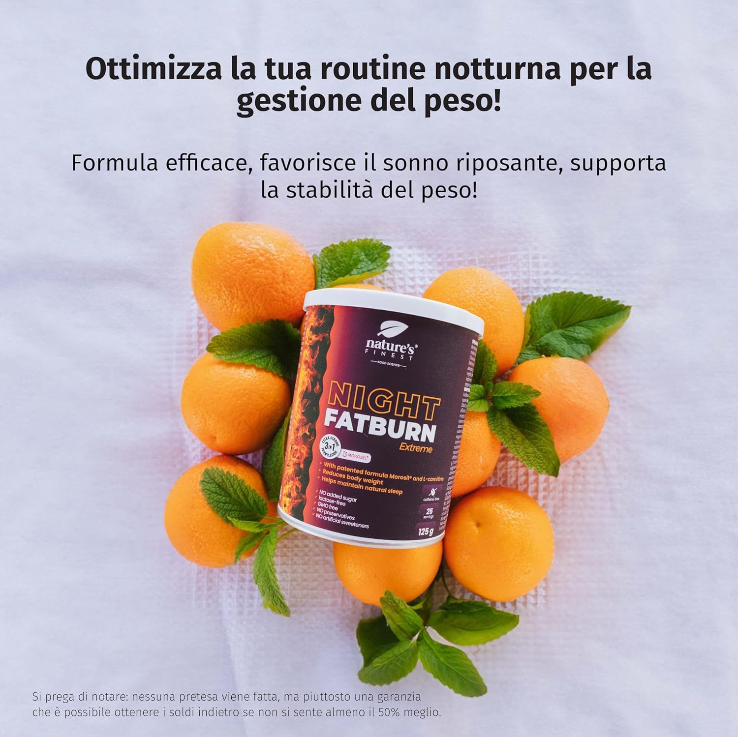 Dose Night Fatburn Extreme auf Orangen und Minze. Text: Optimieren Sie Ihre Nachtroutine für Gewichtsmanagement!