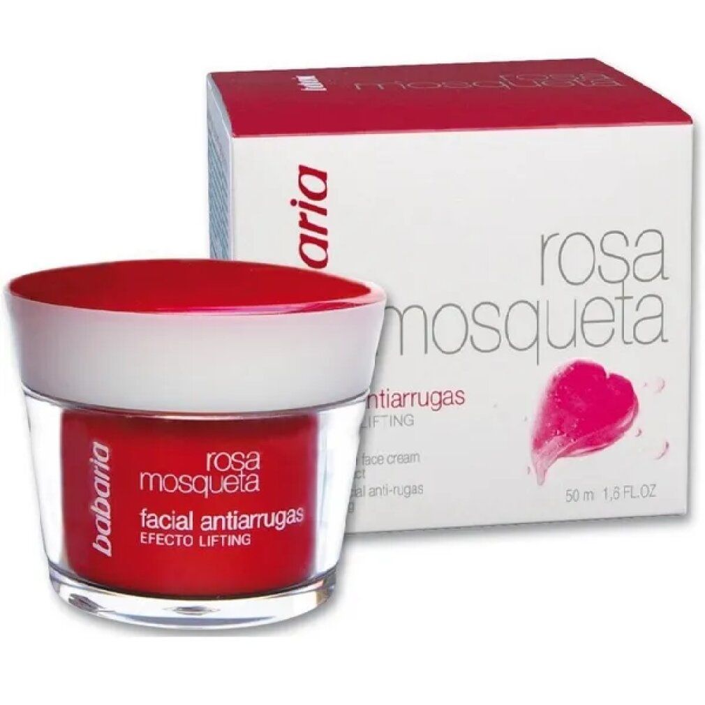 Creme-Tiegel und Schachtel. Aufschrift: Babaria, Rosa Mosqueta, facial antiarrugas, efecto lifting. Roter Tiegel, weiße Kappe.