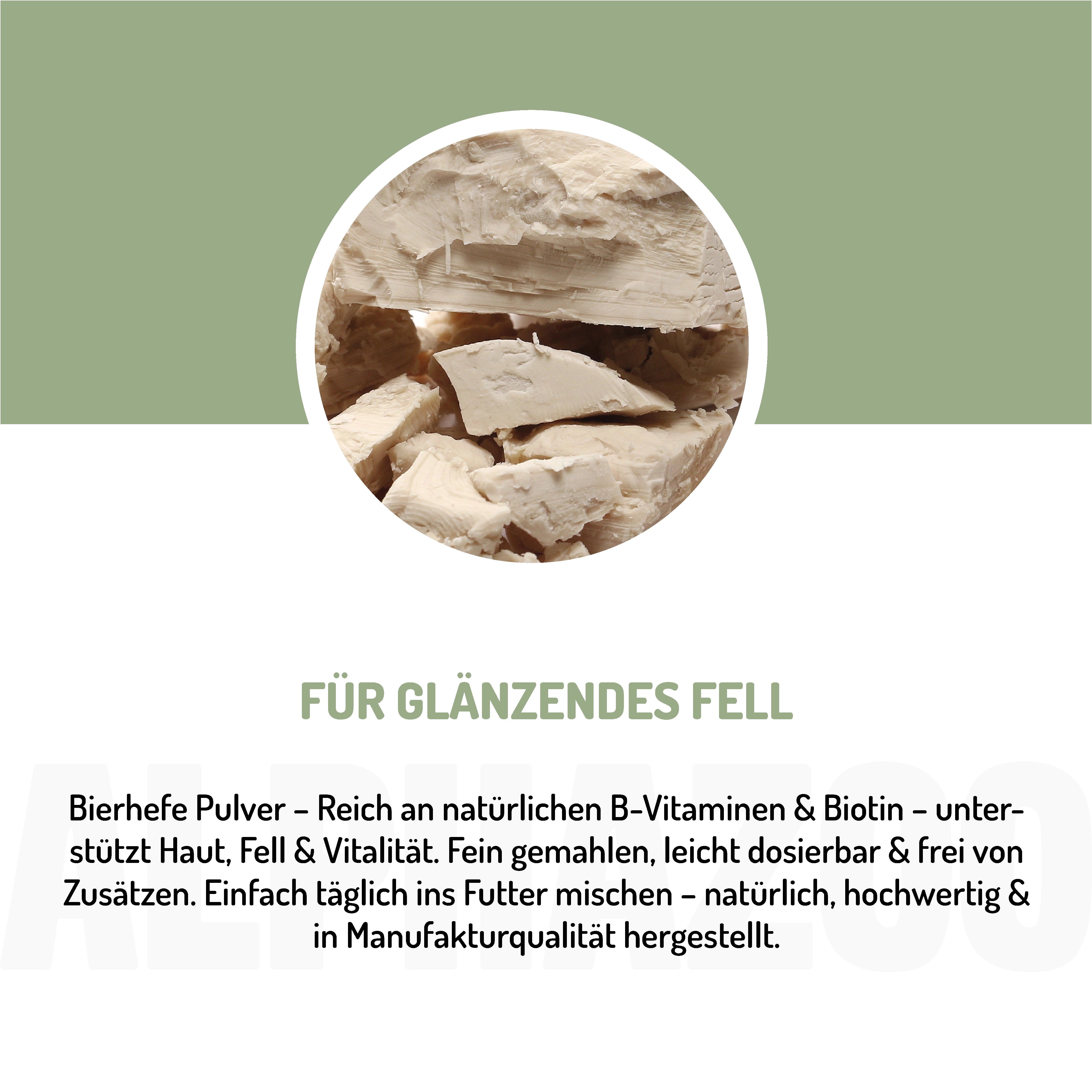 Nahaufnahme von Bierhefe-Würfeln. Text: Für glänzendes Fell. Reich an B-Vitaminen & Biotin. Unterstützt Haut, Fell & Vitalität.