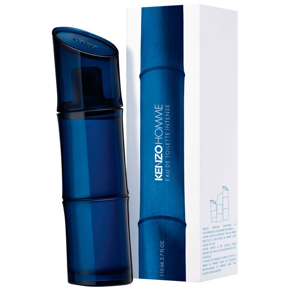 Blauer Flakon und Verpackung. Aufschrift: Kenzo Homme Eau de Toilette Intense, 110 ml.