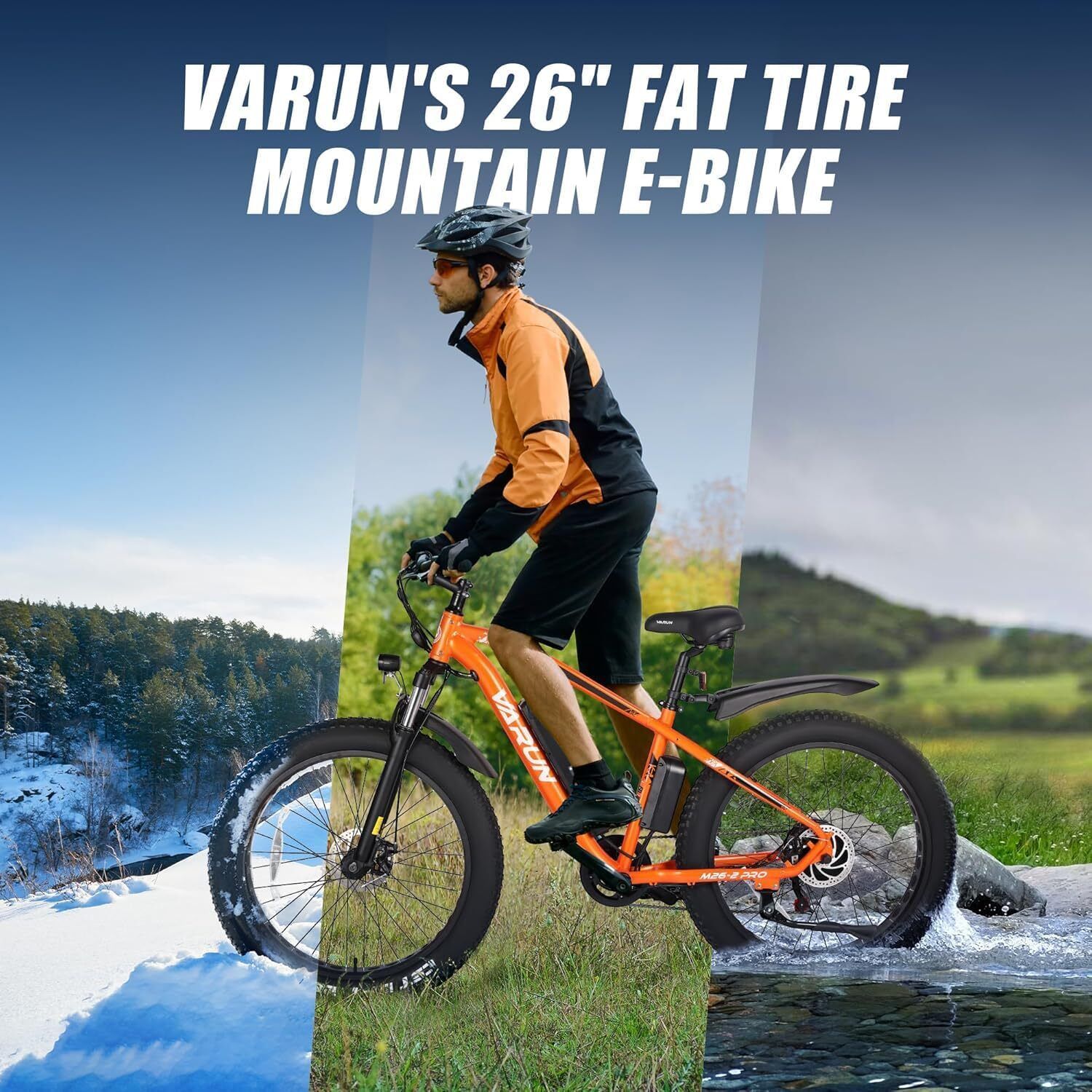 Mann fährt orangefarbenes E-Mountainbike. Text: VARUN'S 26" FAT TIRE MOUNTAIN E-BIKE. Hintergrund: Schnee, Wiese, Wasser.