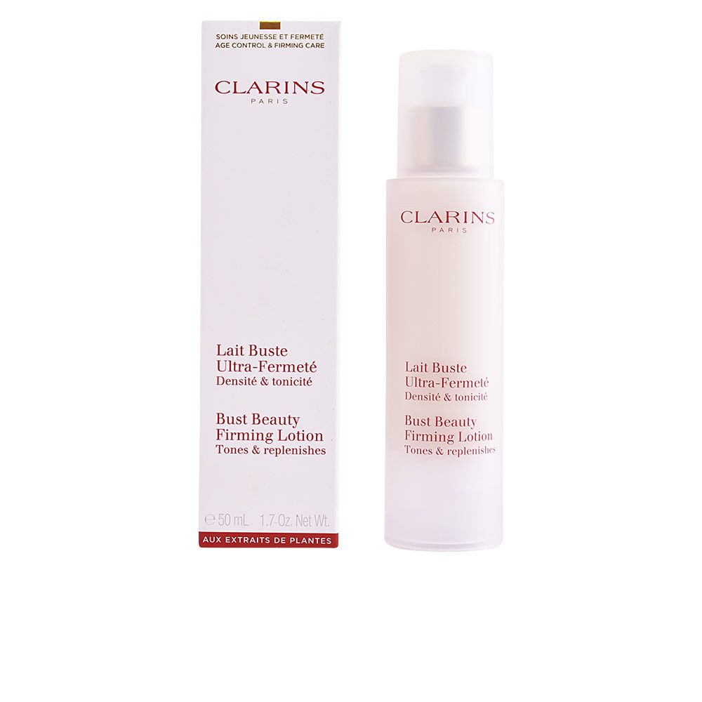 Lotion-Flakon und Verpackung. Aufschrift: Lait Buste Ultra-Fermeté, Bust Beauty Firming Lotion. Marke: Clarins.
