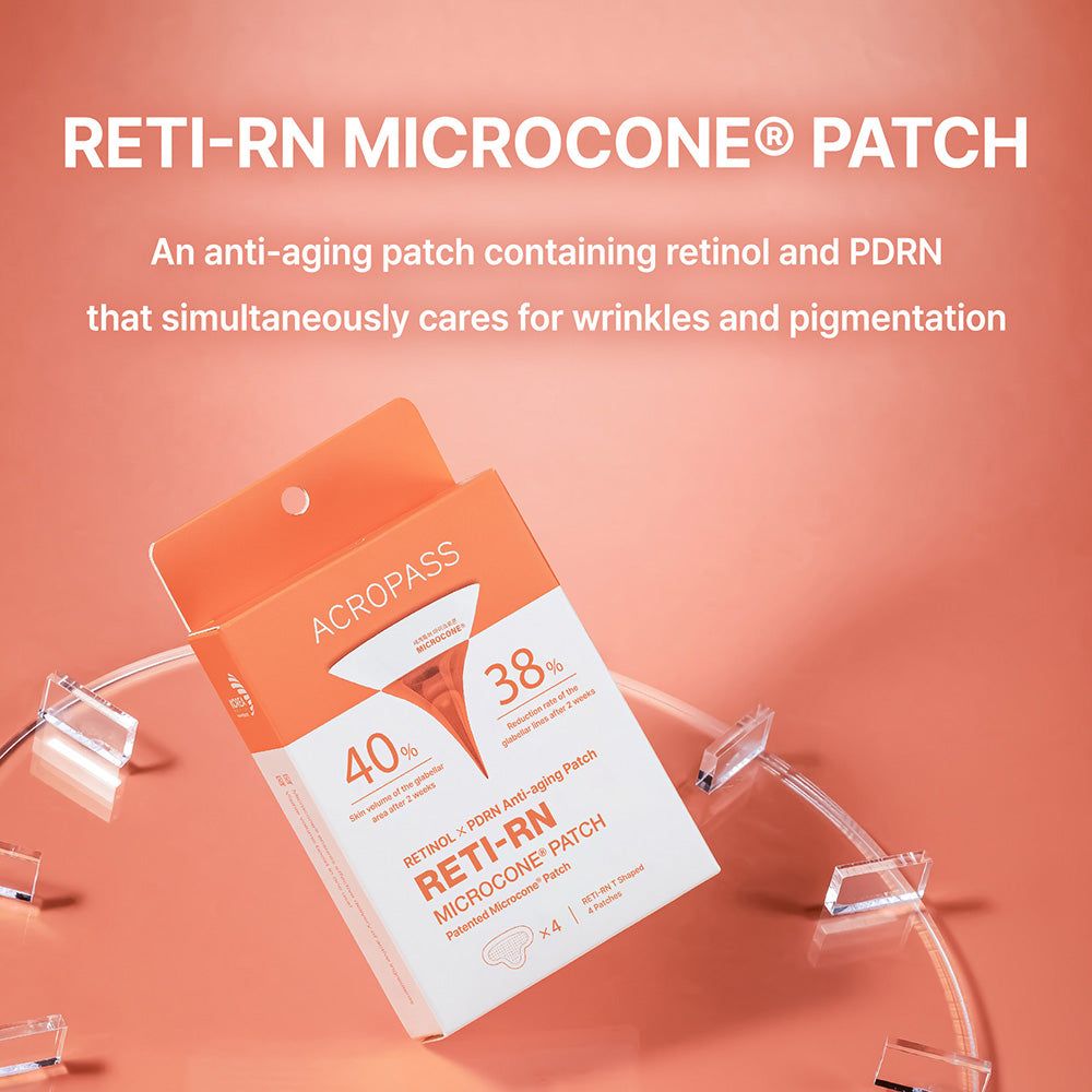 Geöffnete Verpackung von ACROPASS Reti-Rn Mikrokegel-Pflaster T-Shape. Aufdruck: ACROPASS, RETI-RN, Mikrokegel-Pflaster, 40%, 38%. Hintergrund: rosa.