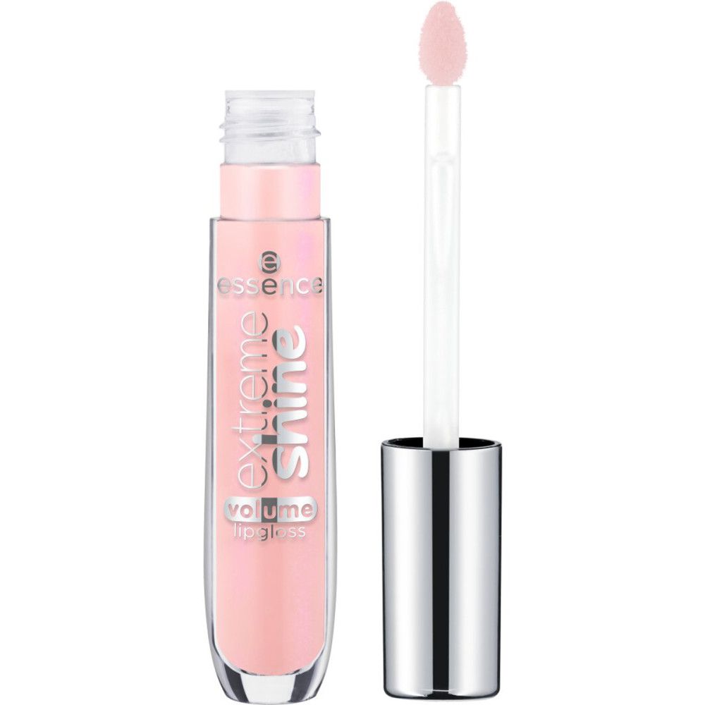 Essence Lipgloss, Extreme Shine Volume, rosa. Mit Applikator. Silberner Deckel. Produkt geöffnet.