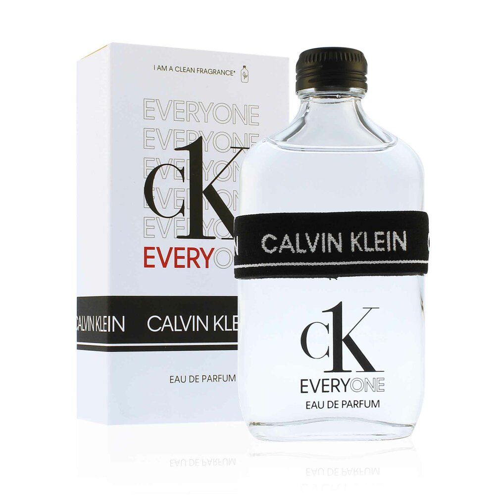 Flakon und Verpackung. Flakon: klar, schwarzer Verschluss, Band mit CALVIN KLEIN. Verpackung: weiß, ck EVERYONE.