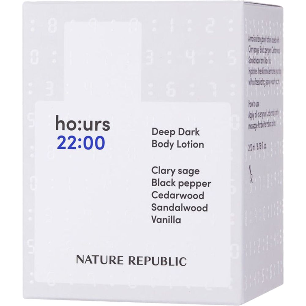 Weiße Verpackung mit Text: ho:urs 22:00, Deep Dark Body Lotion, NATURE REPUBLIC. Inhaltsstoffe aufgelistet.