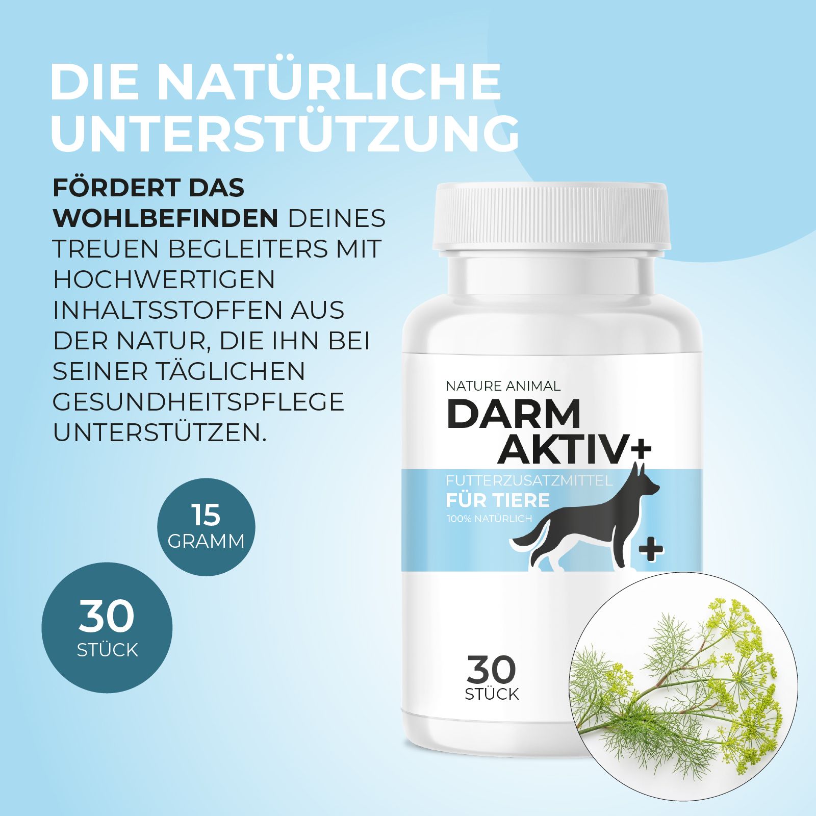 Produktflasche mit Text: Nature Animal Darm Aktiv+ für Tiere. 30 Stück, 15 Gramm. Abbildung: Hund, Fenchel.