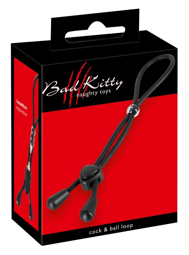 Produktverpackung, schwarzer Karton mit rotem Hintergrund. Produkt: Penis-Hoden-Schlaufe. Text: Bad Kitty, cock & ball loop.