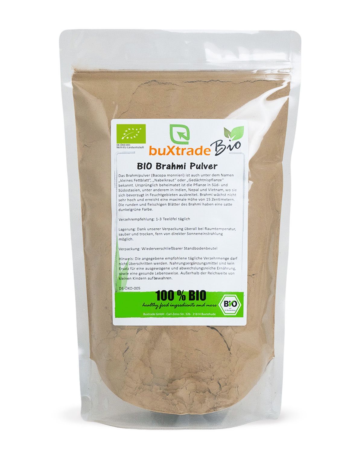 Ein Beutel mit buXtrade Bio Brahmi Pulver, mit Bio-Siegel und Produktinformationen.