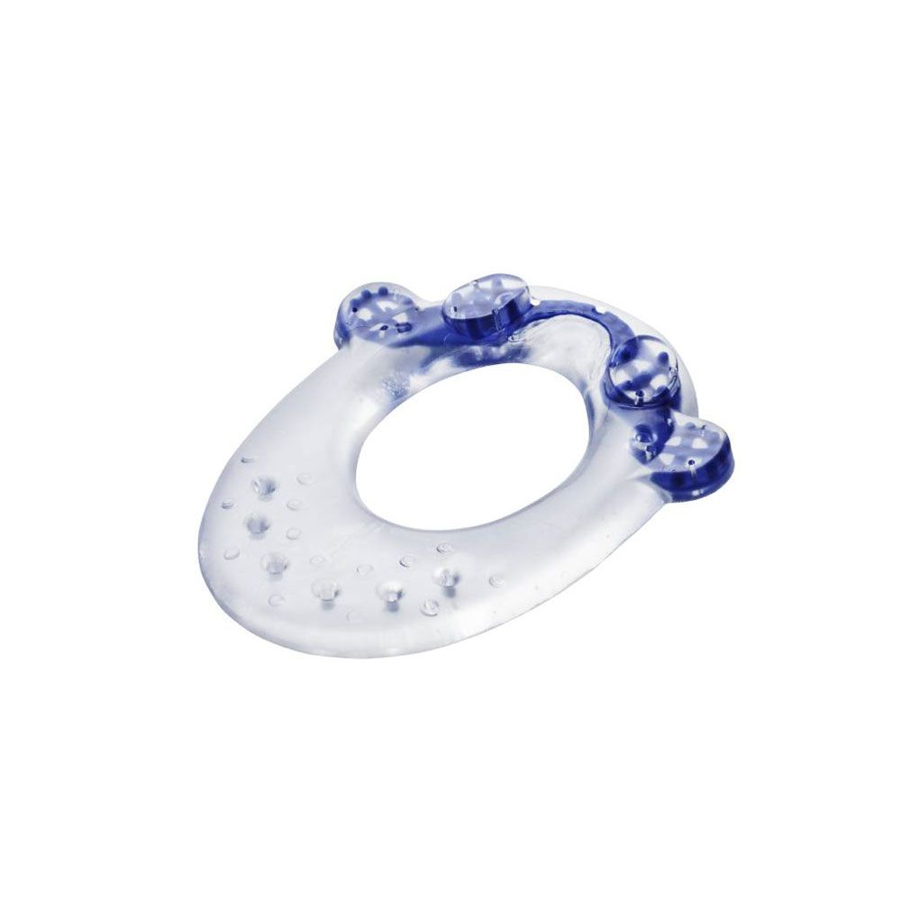 Ovales, transparentes Beißring-Spielzeug mit blauen Elementen. Das Produkt hat eine ovale Form.