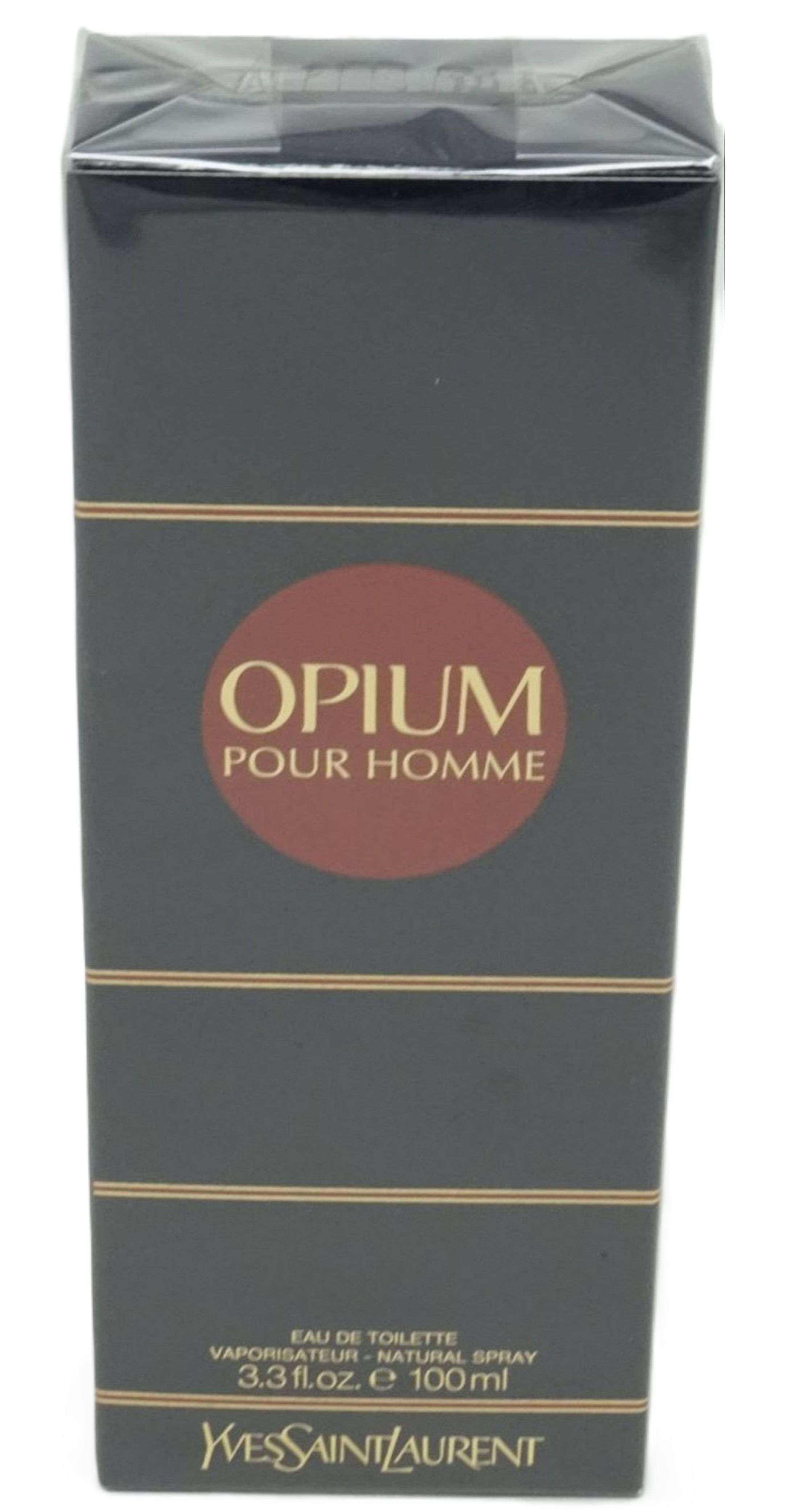 Verpackung von Yves Saint Laurent Opium Pour Homme Eau de Toilette. Schwarze Schachtel mit goldenen Details und rotem Kreis.