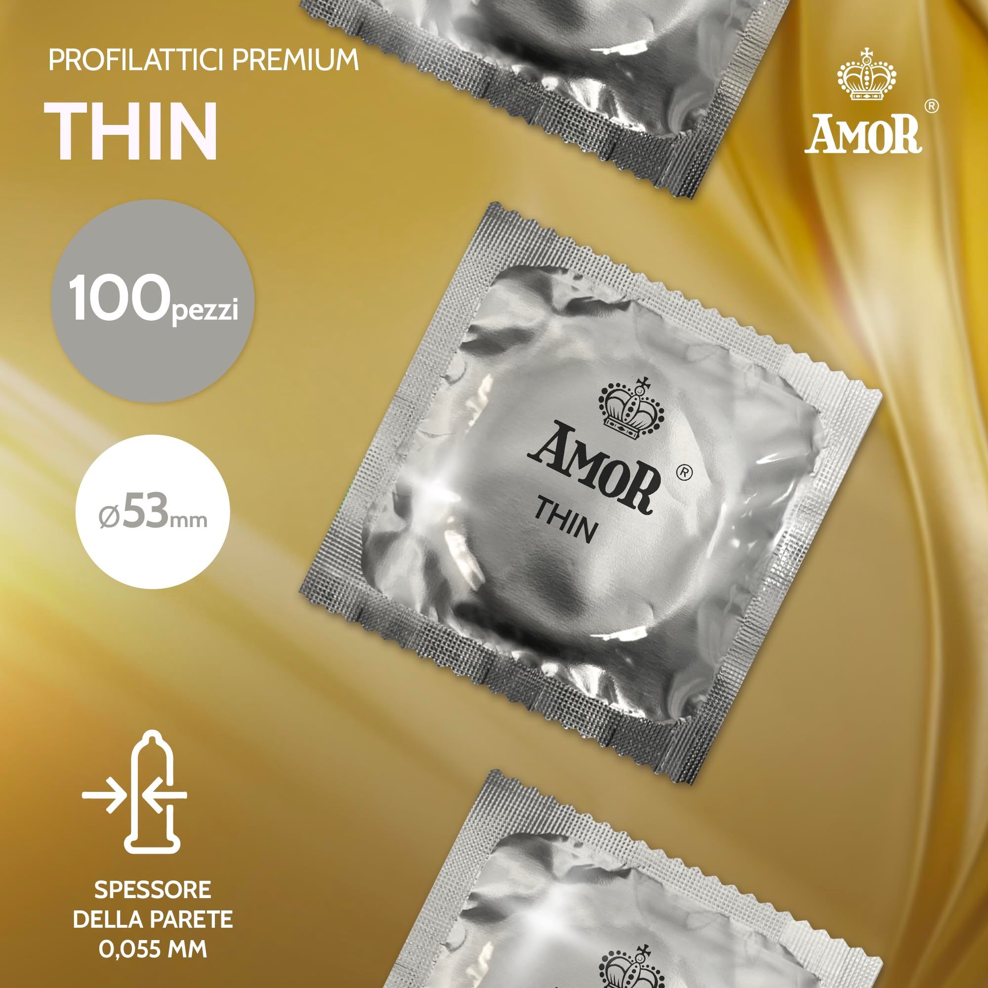 Drei einzeln verpackte Amor Thin Kondome auf einem goldenen, fließenden Hintergrund. Links sind Produktinformationen wie 100 Stück, 53mm Durchmesser und 0,055mm Dicke.