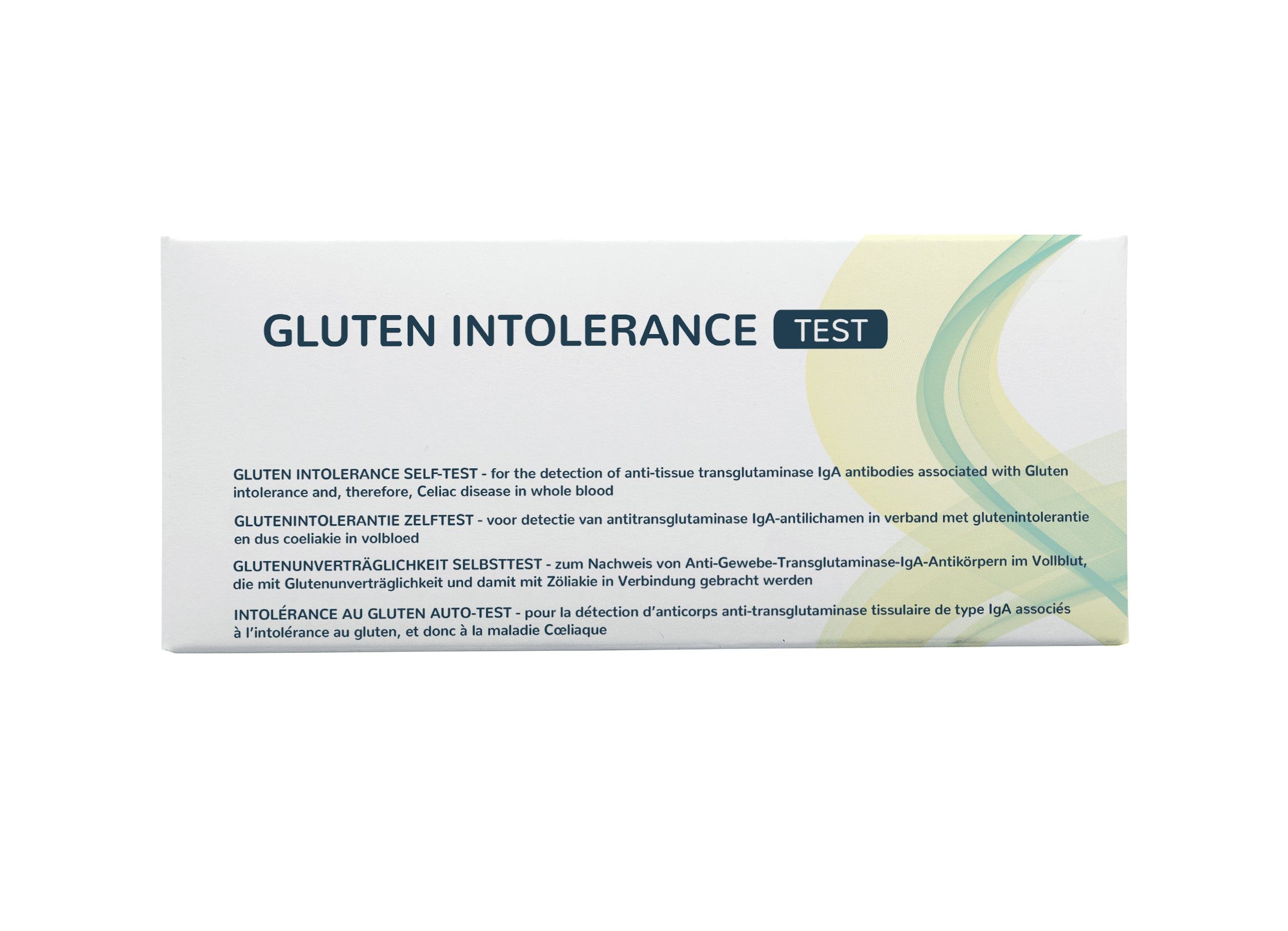 Vorderseite der Verpackung eines Gluten-Unverträglichkeitstests mit englischen und deutschen Texten.