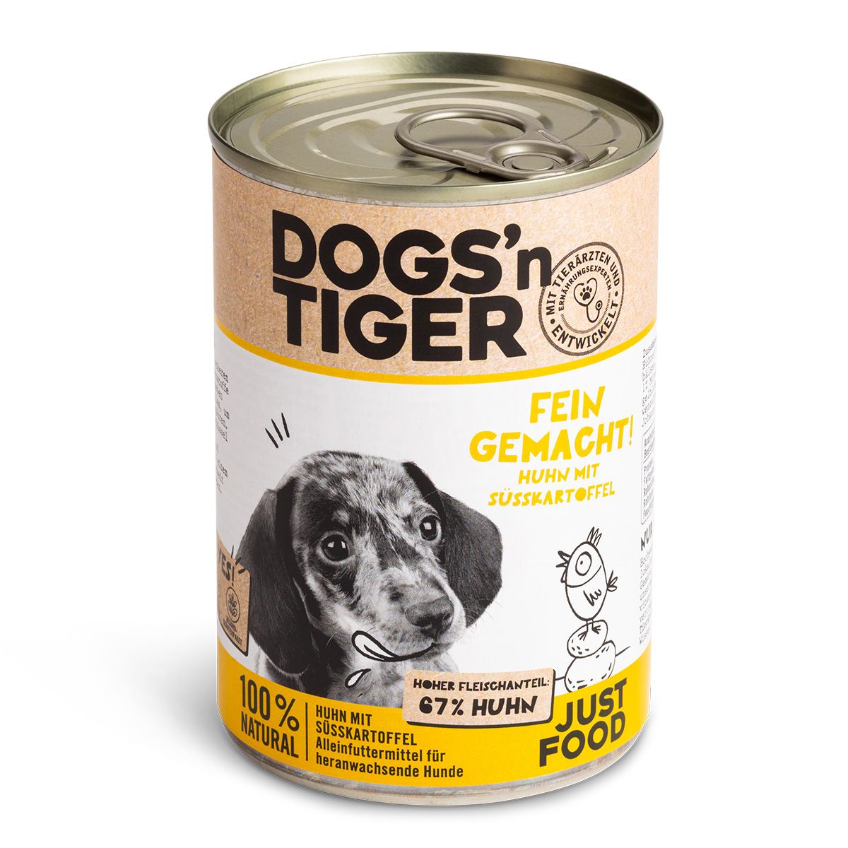 Hundefutterdose mit Hundebild und Text: "Dogs'n Tiger", "Fein Gemacht!", "67% Huhn".