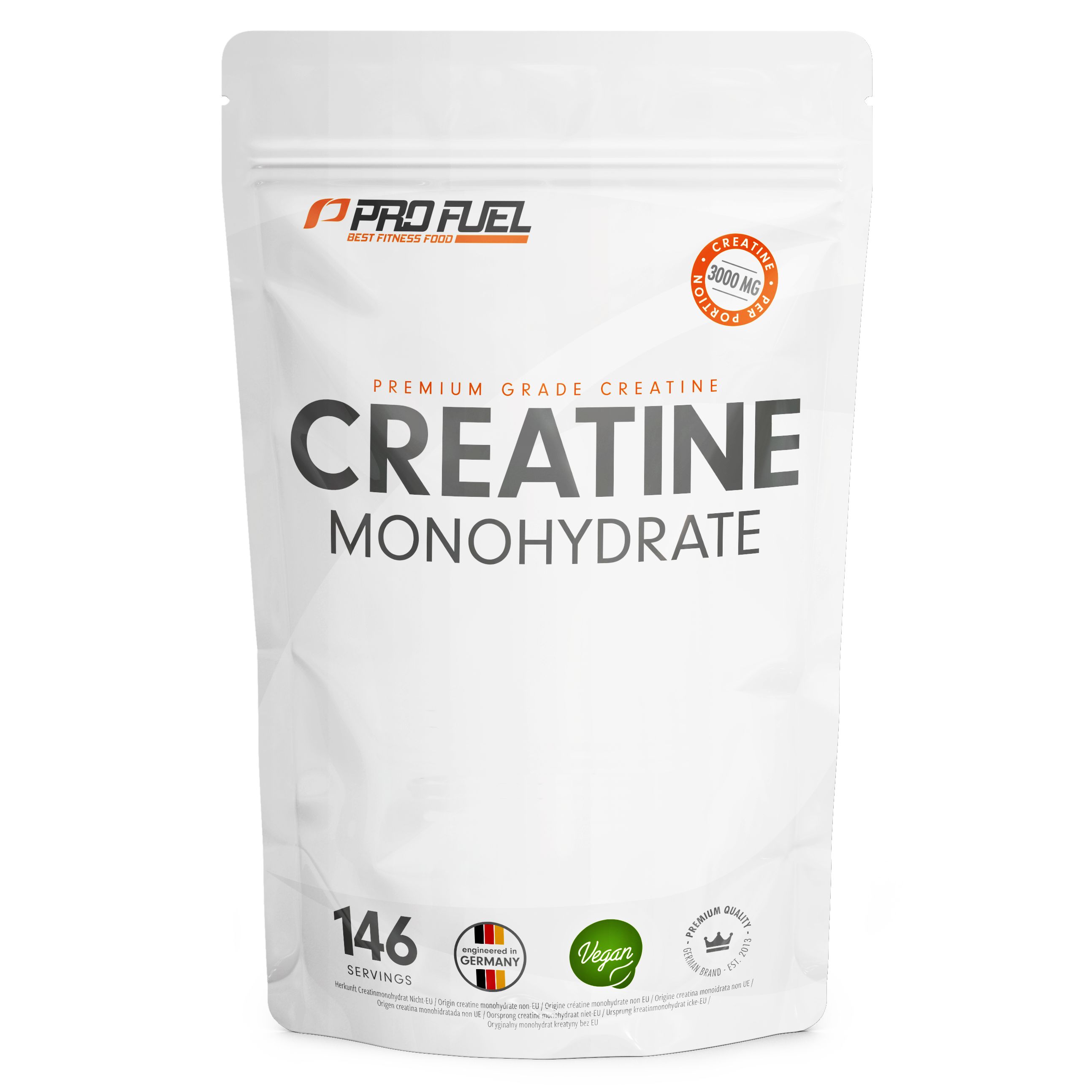 Weiße Tüte mit Produktaufdruck. Text: Creatin Monohydrat, 146 Portionen, vegan. Logos.