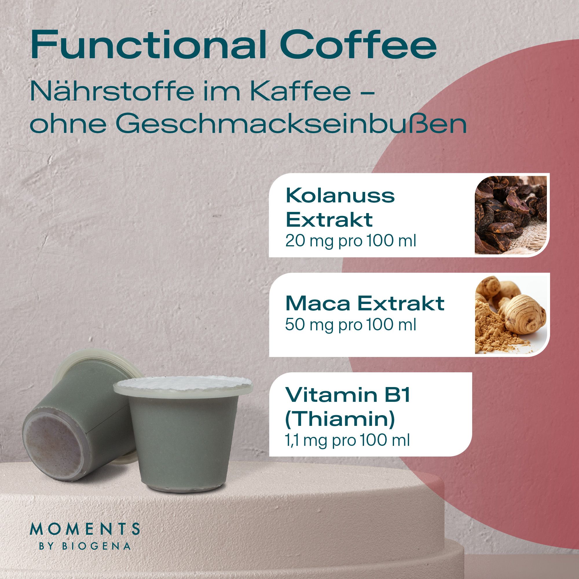 Zwei grüne Kaffeekapseln neben Informationen zu Inhaltsstoffen: Kolanuss, Maca und Vitamin B1 (Thiamin).