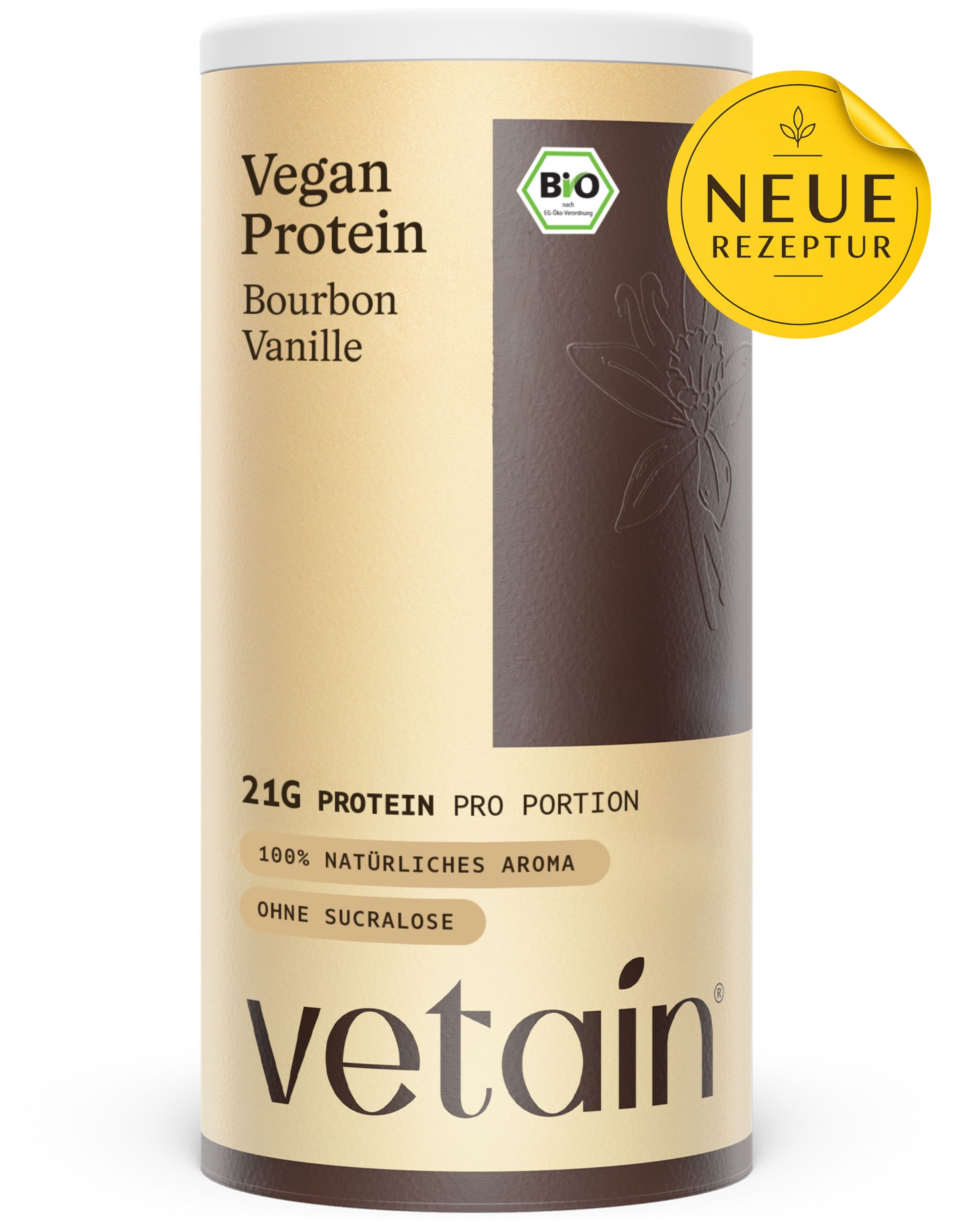 Zylinderdose mit Vegan Protein, Bourbon Vanille. Bio-Siegel und "NEUE REZEPTUR" Aufkleber. Marke: Vetain.