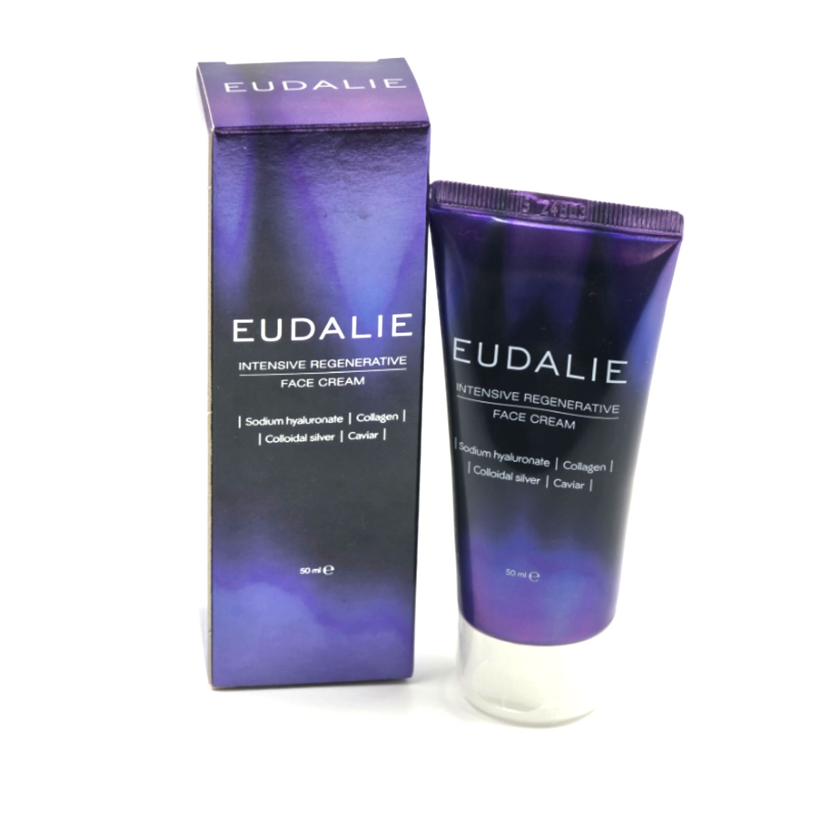 EUDALIE Tube und Schachtel. Aufschrift: Intensive Regenerative Face Cream. Inhaltsstoffe: Hyaluronat, Kollagen, Silber, Kaviar. Lila Verpackung.