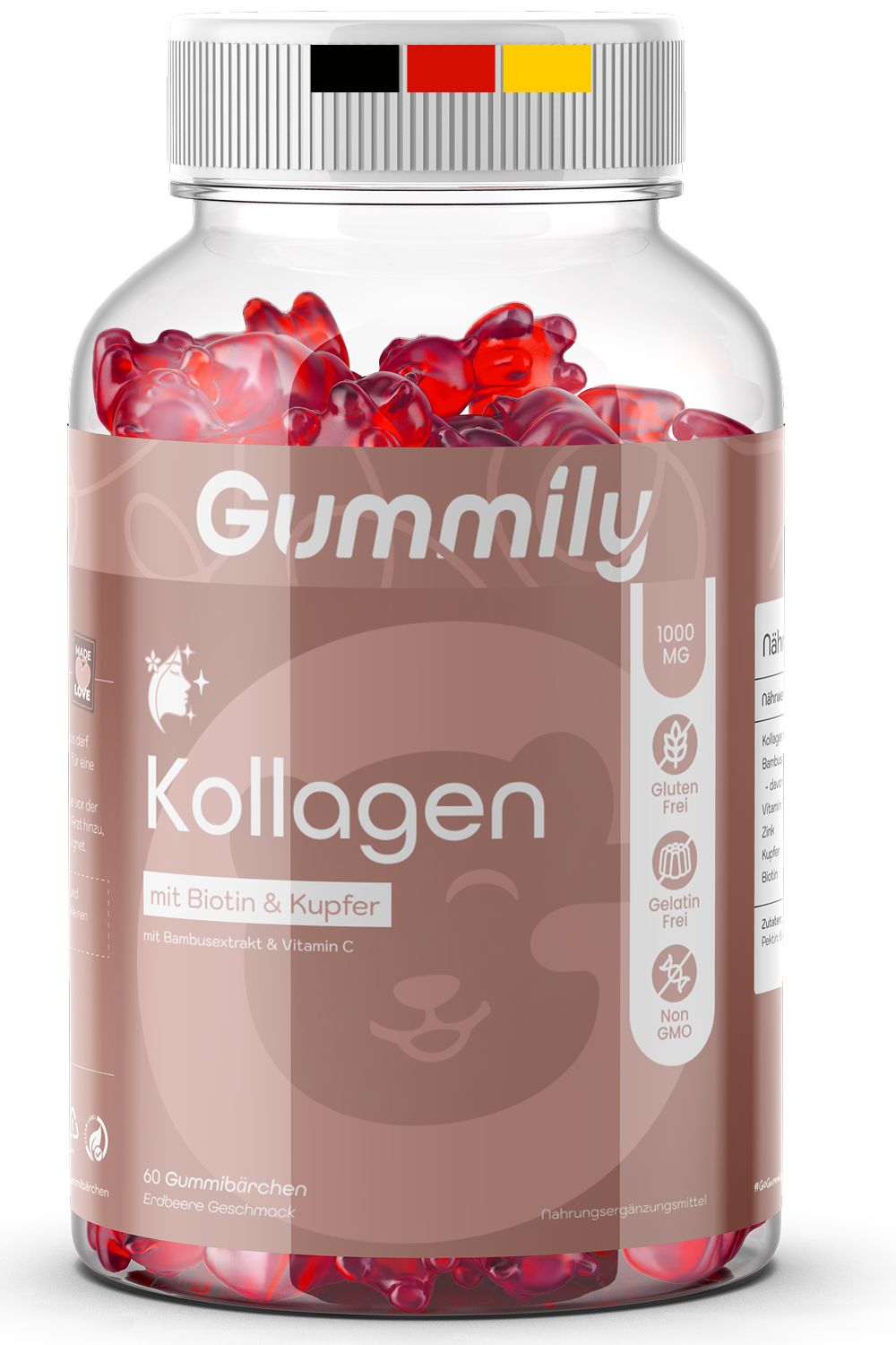 Gummily Kollagen Flasche mit 60 Gummibärchen, Erdbeer Geschmack, Glutenfrei, Gelatinefrei, Non GMO.