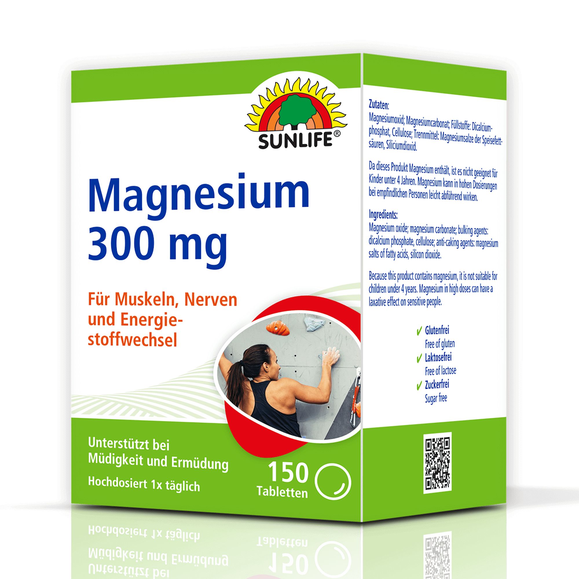 Sunlife Magnesium 300 Tabletten. Verpackung mit 150 Tabletten. Aufschrift: Magnesium 300 mg. Für Muskeln, Nerven und Energiestoffwechsel.