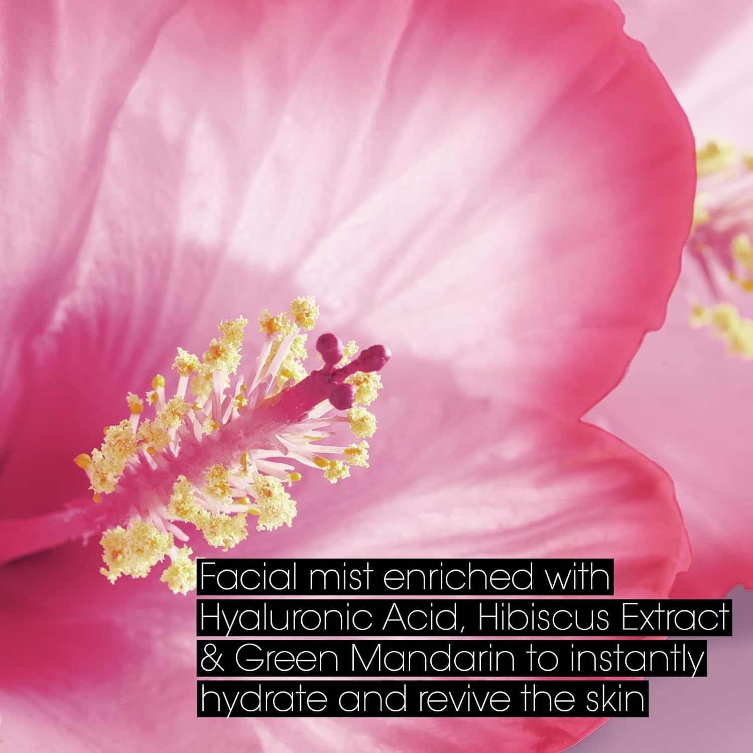 Nahaufnahme einer rosa Hibiskusblüte. Text: Facial mist enriched with Hyaluronic Acid, Hibiscus Extract & Green Mandarin to instantly hydrate and revive the skin.