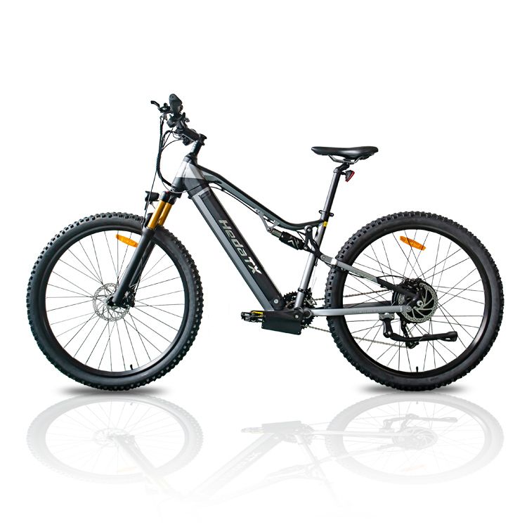 E-Mountainbike HedaTX TX19. Schwarz-grauer Rahmen, schwarze Reifen. Gelbe Federungselemente. Seitliche Ansicht, weißer Hintergrund.