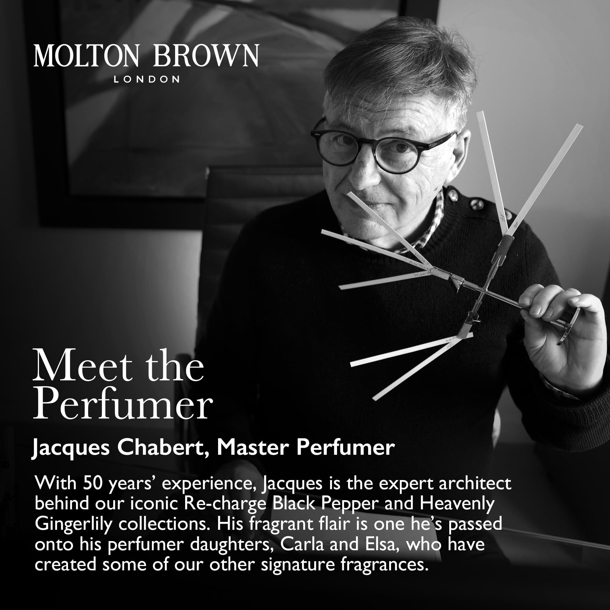 Schwarz-Weiß-Foto von Jacques Chabert, Master Parfümeur. Text: Meet the Perfumer.