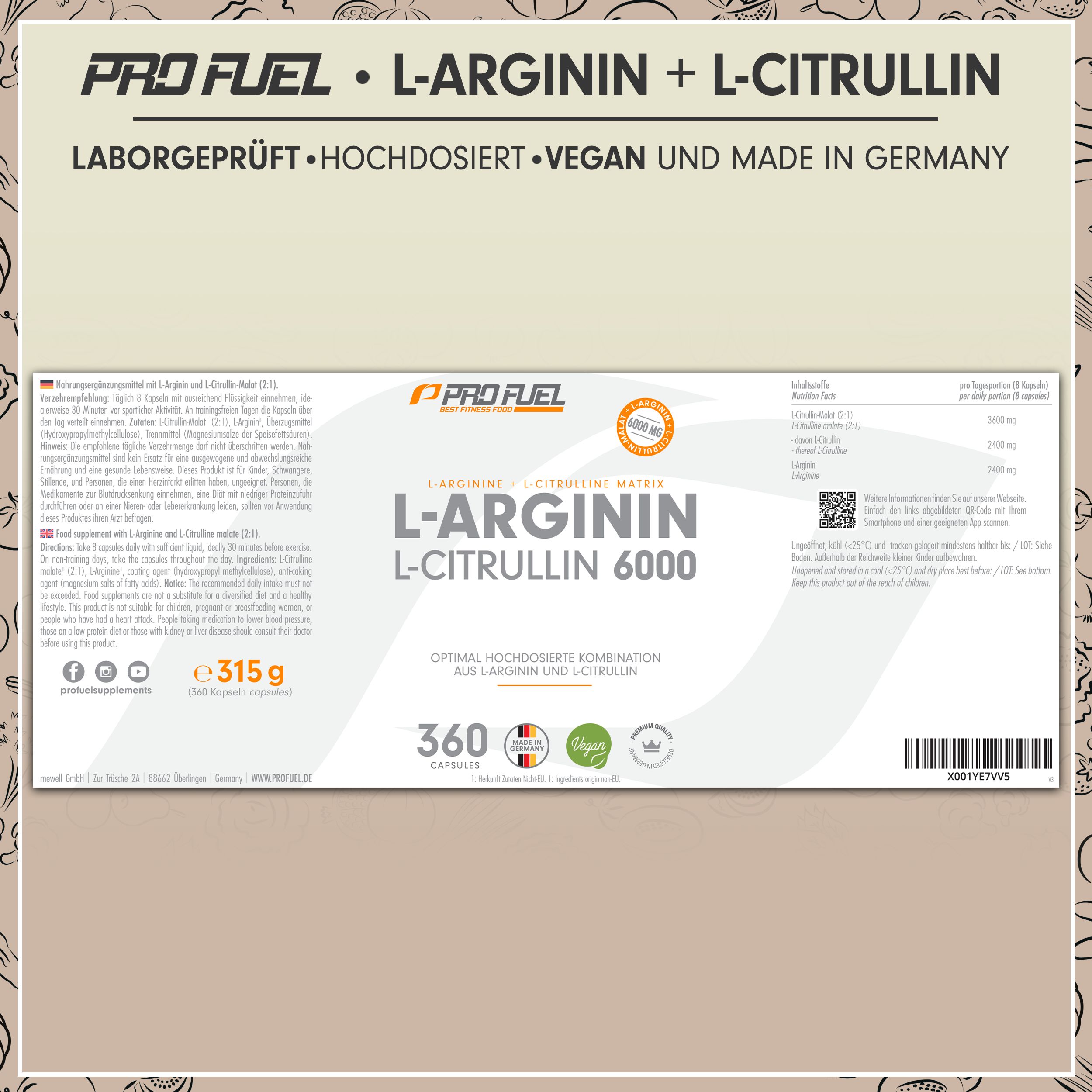 Verpackung mit Kapseln. Aufschrift: L-Arginin + L-Citrullin 6000. 360 Kapseln. Vegan. Hergestellt in Deutschland. 315 g.