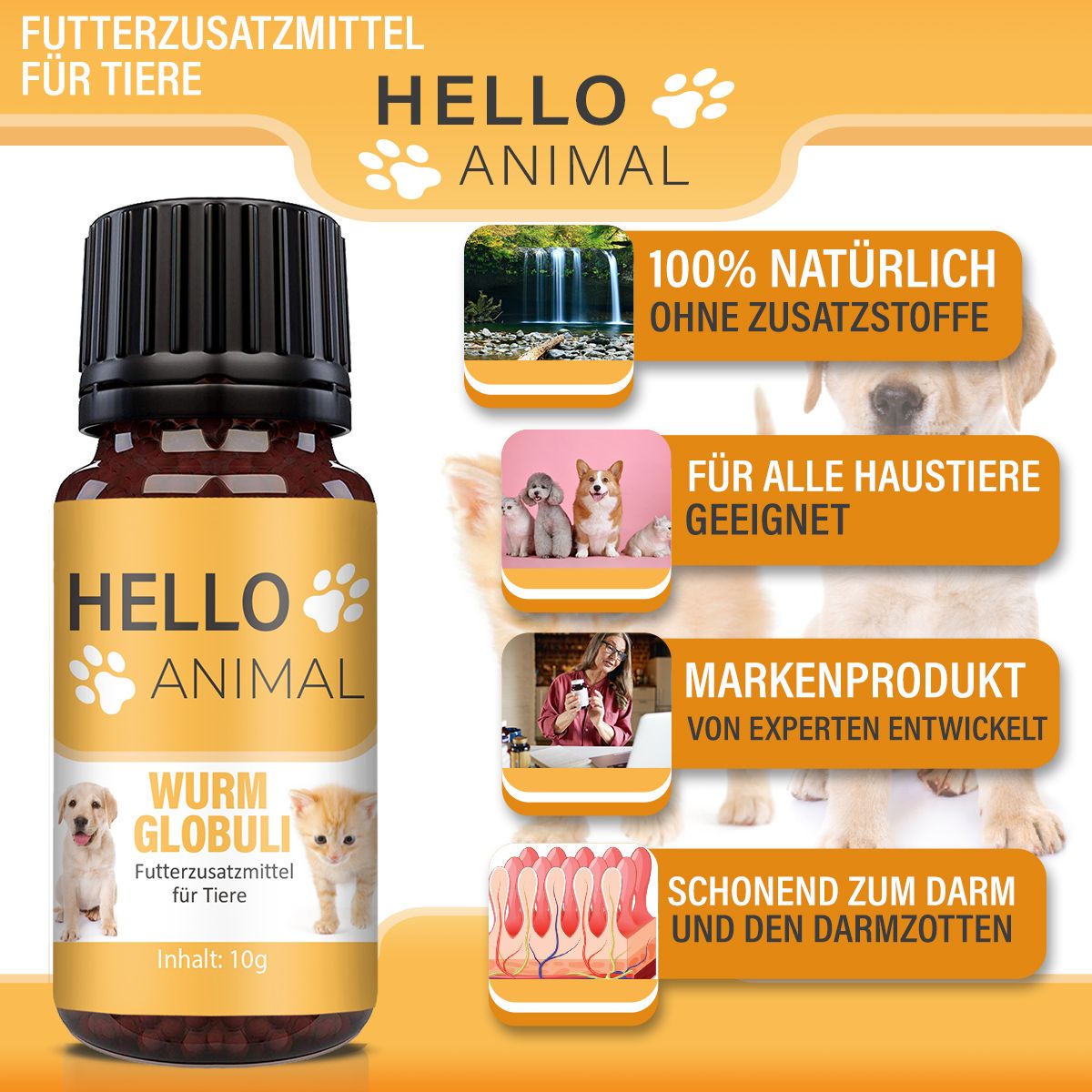 Produktflasche mit Zusatzinformationen. Text: "HELLO ANIMAL", "WURM GLOBULI". Bilder von Tieren und Infografiken.
