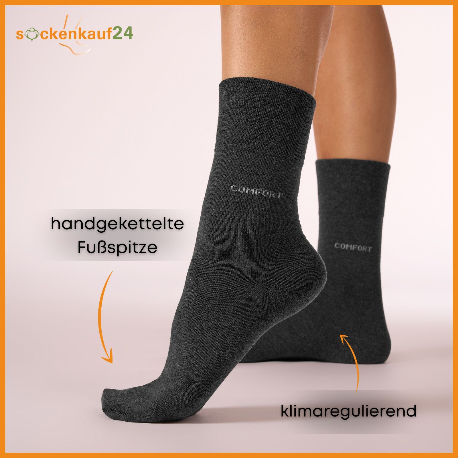 Graue Socken am Bein. Aufschrift "COMFORT". Text: handgekettelte Fußspitze. Text: klimaregulierend.