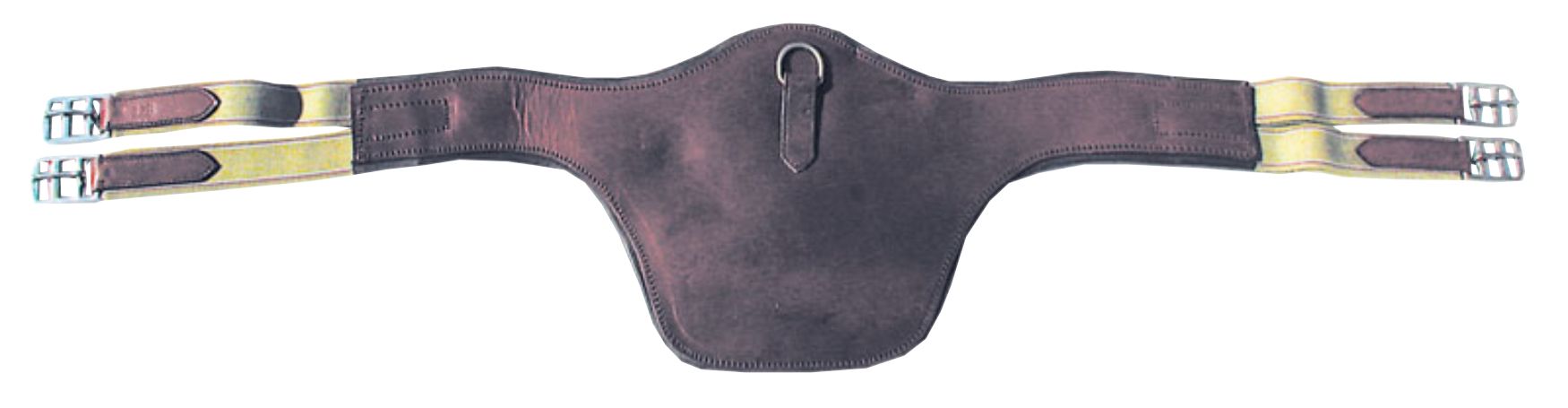 Brauner Sattelgurt mit gelben Details und Schnallen.