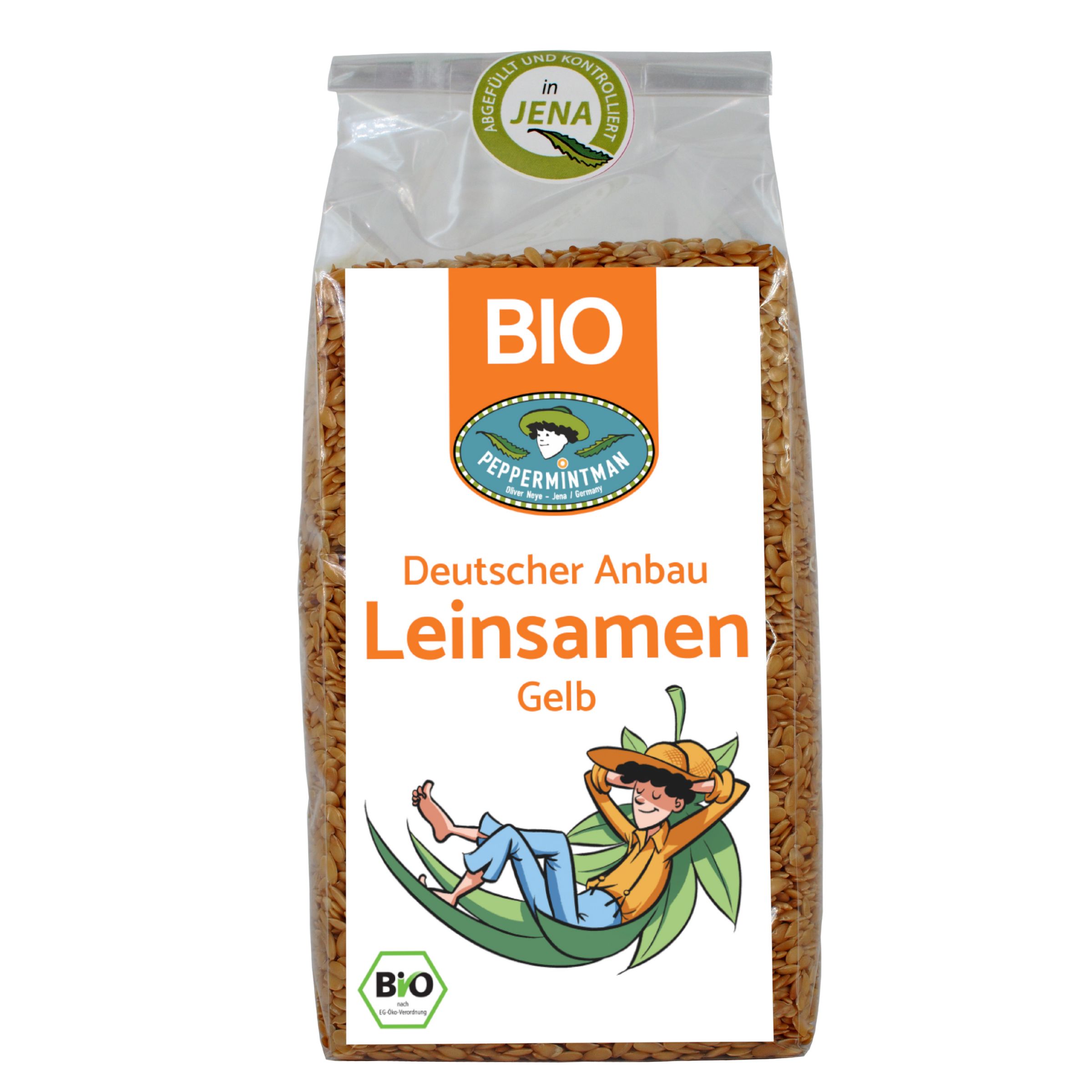 Transparente Verpackung mit gelben Leinsamen. Aufdruck: BIO, PEPPERMINTMAN, Deutscher Anbau Leinsamen Gelb. Bio-Siegel.