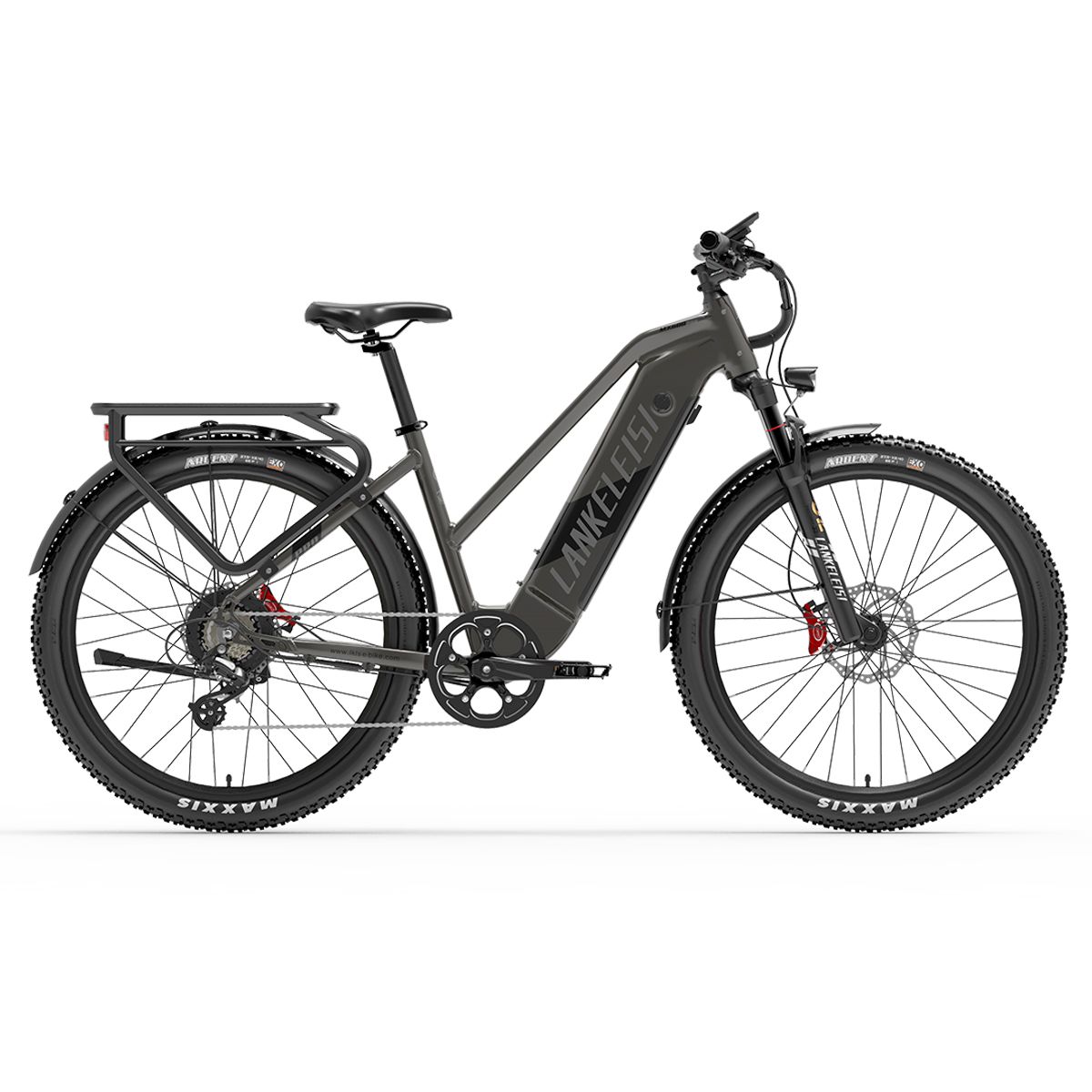 E-Trekkingrad Lankeleisi MX600 Pro. Grauer Rahmen, schwarze Reifen. Scheibenbremsen, Gepäckträger. Lenker mit Display. Seitenansicht.