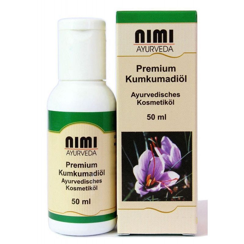 Weiße Flasche und Karton. Aufschrift: NIMI Ayurveda, Premium Kumkumadiöl, 50 ml. Abbildung von Blüten.