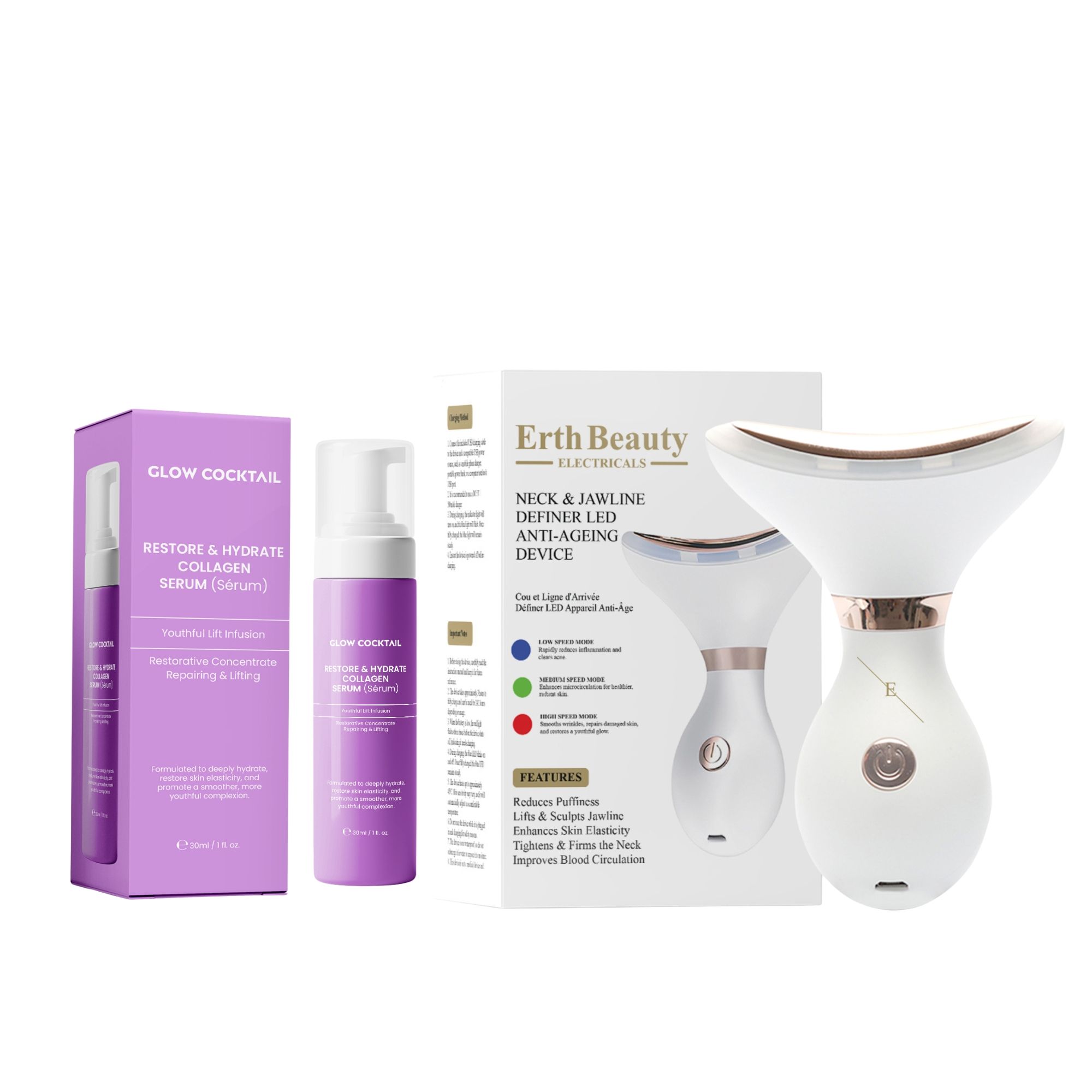 Glow Cocktail LED Anti Aging Hals und Kiefer Definer mit Kollagen Serum