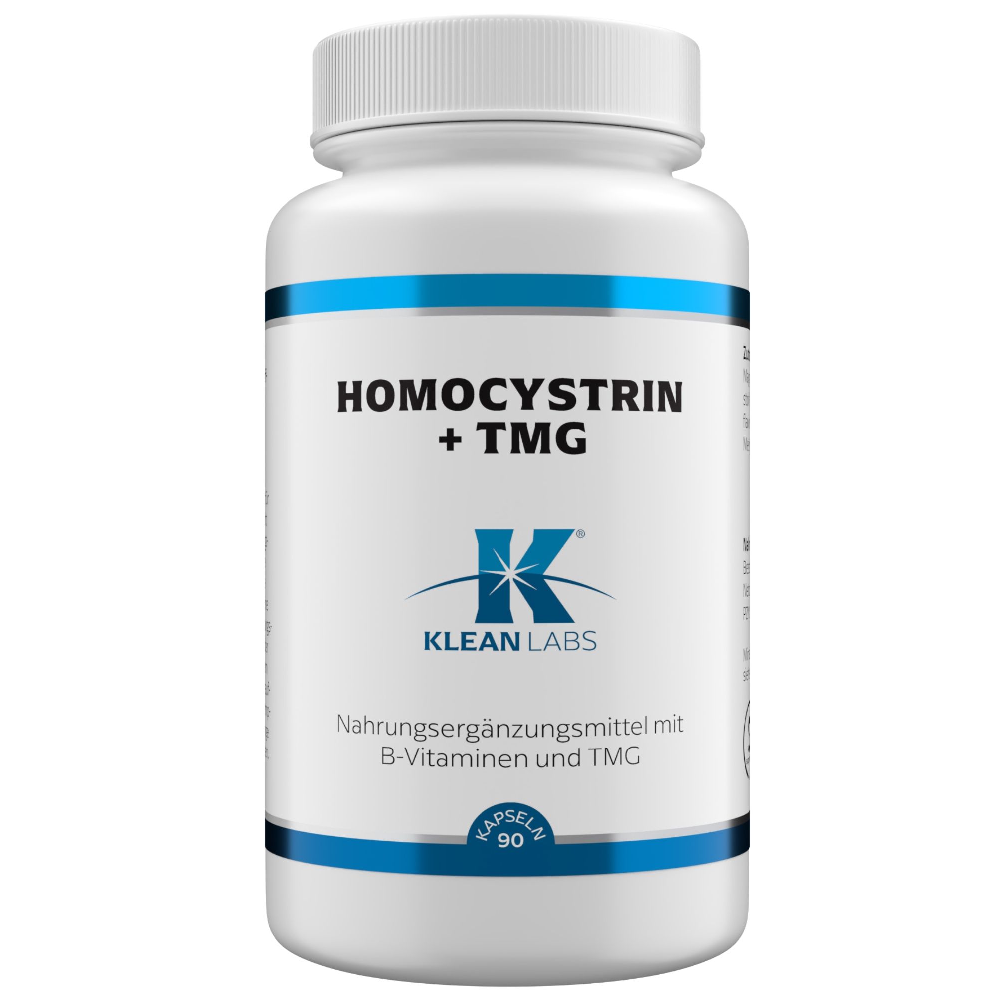 Weiße Flasche mit blauem Streifen. Aufschrift: Homocystrin + TMG. Klean Labs Logo. Nahrungsergänzungsmittel mit B-Vitaminen und TMG. 90 Kapseln.