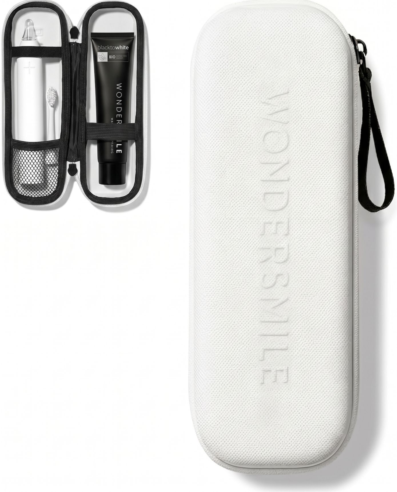 Weißes Wondersmile Travel Case, geöffnet. Enthält Zahnbürste, Zahnpasta. Rechteckige Form mit Reißverschluss und Trageschlaufe. Markenname.