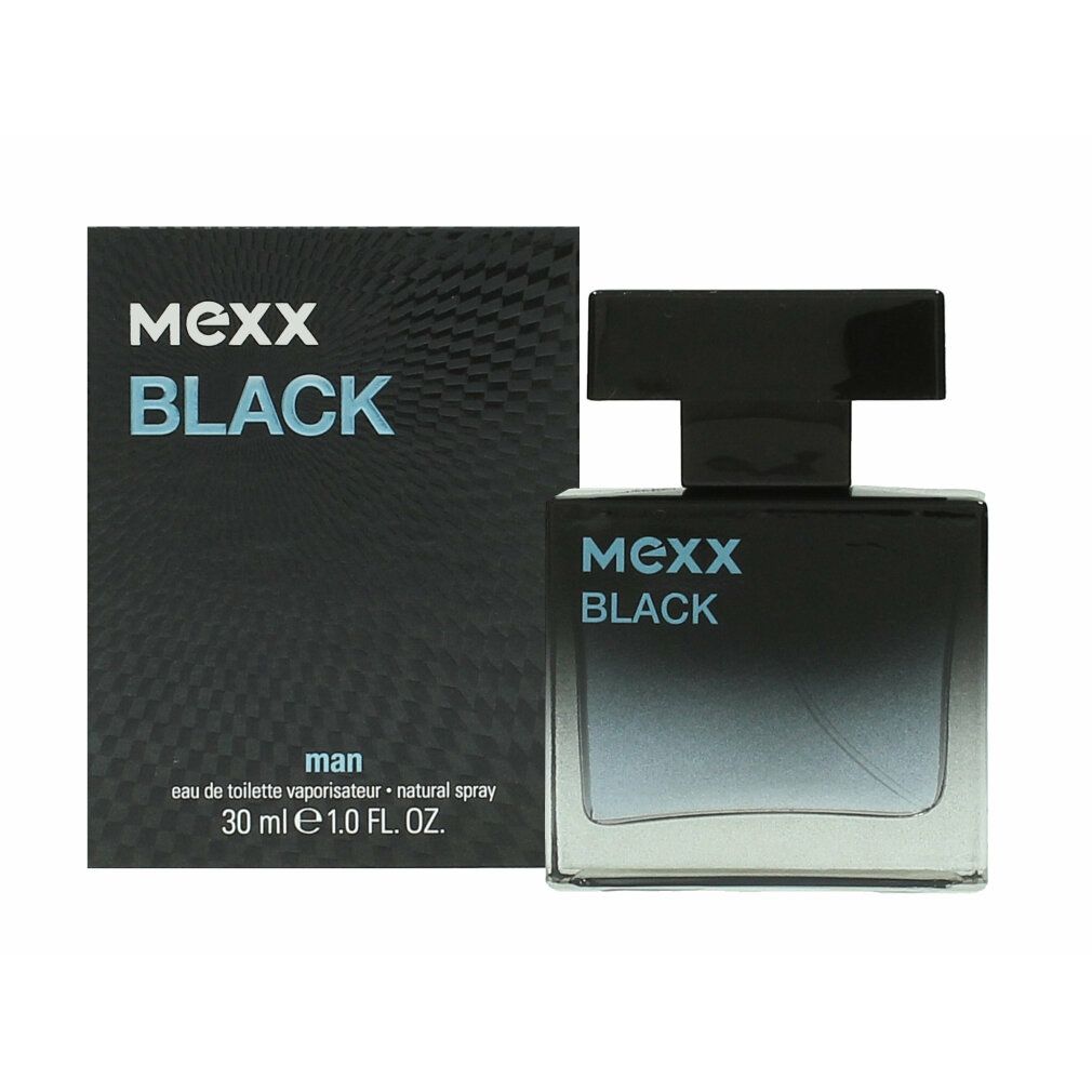 Schwarzer Flakon und Verpackung von Mexx Black Eau de Toilette. Flakon mit schwarzem Deckel, Schriftzug in Hellblau. Verpackung mit Logo und Produktbezeichnung.