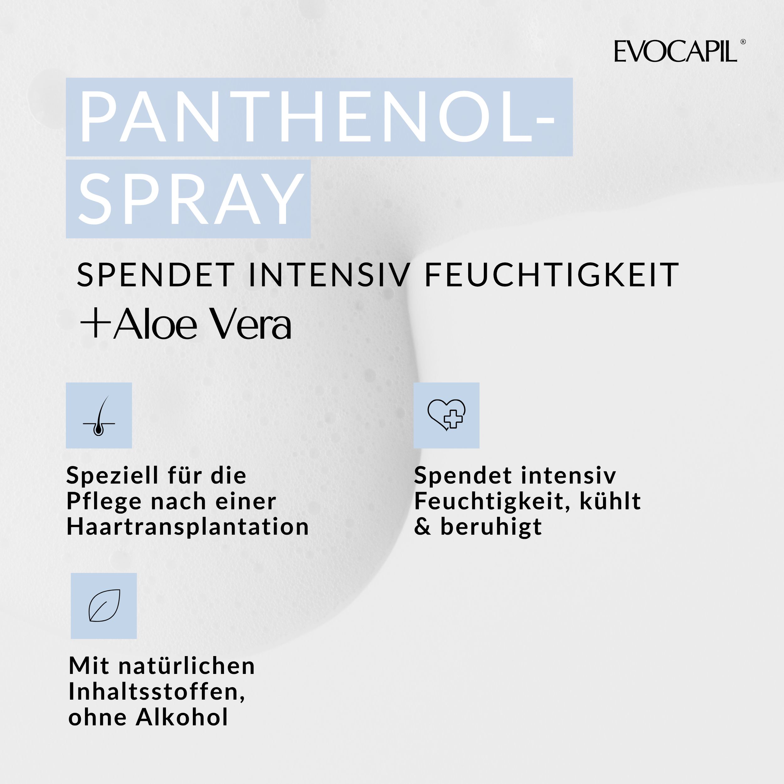 Text mit Produktinformationen: PANTENOL-SPRAY, spendet Feuchtigkeit, +Aloe Vera. Speziell für die Pflege nach Haartransplantation.