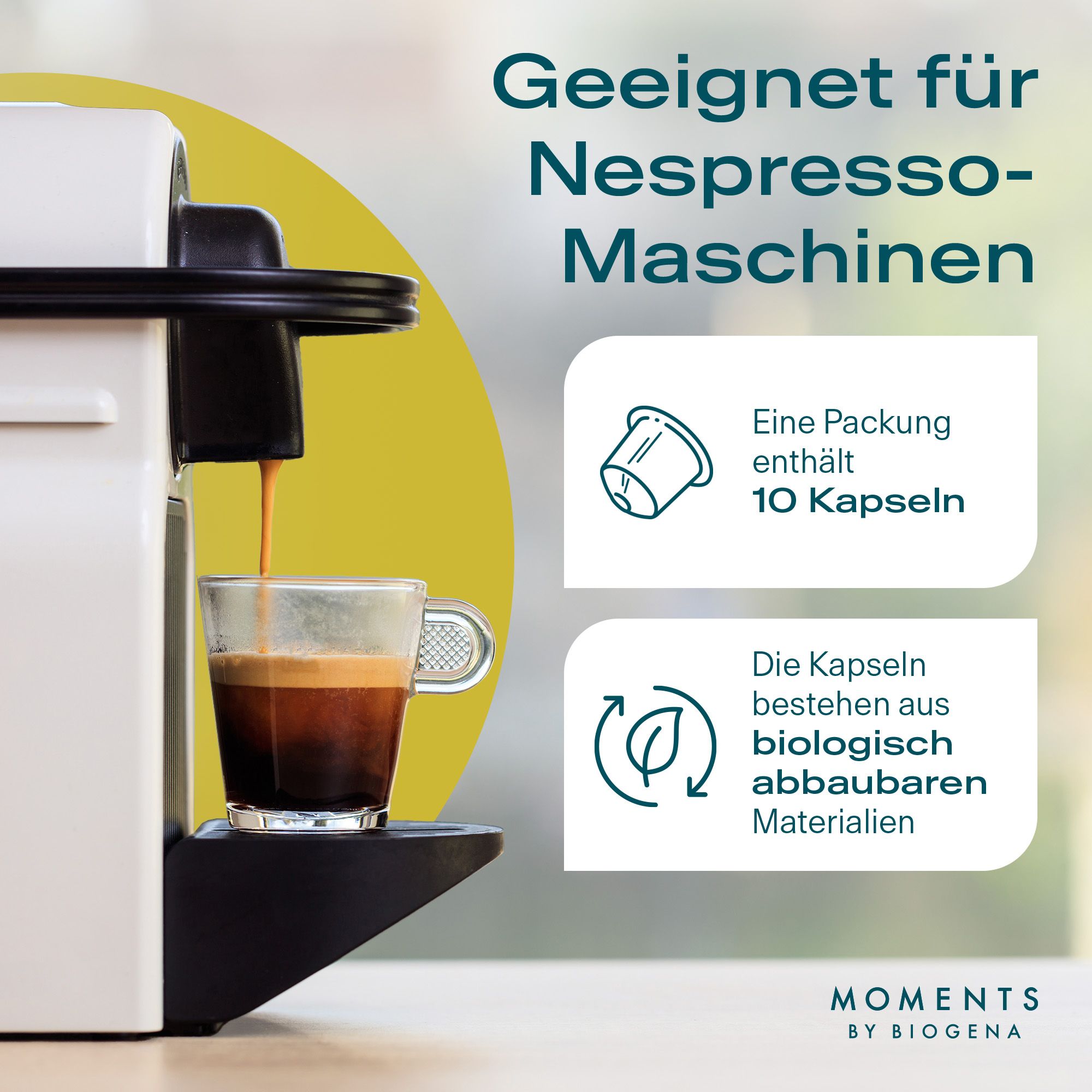 Kaffeemaschine mit Kaffee, der in eine Tasse fließt. Text: "Geeignet für Nespresso-Maschinen". 10 Kapseln pro Packung. Kapseln aus biologisch abbaubaren Materialien.
