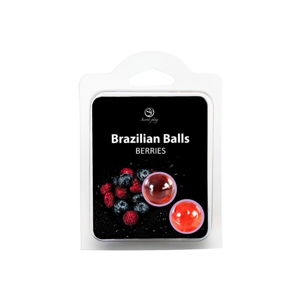 Verpackung mit zwei runden, roten Kugeln und Beerenmotiv. Produktname: Brazilian Balls Berries.