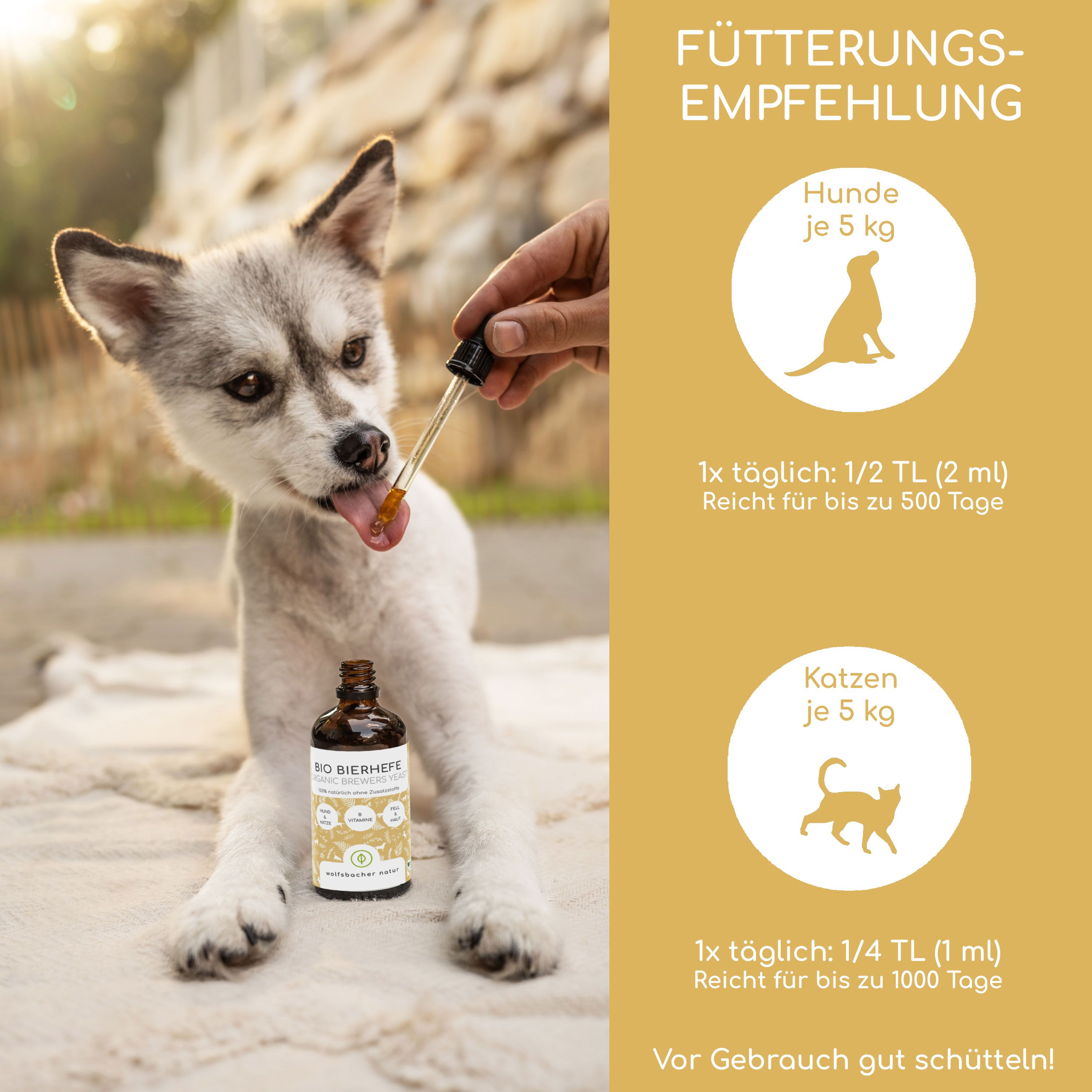 Ein Hund erhält Bio Bierhefe aus einem Tropfer. Fütterungsempfehlung für Hunde und Katzen ist sichtbar.