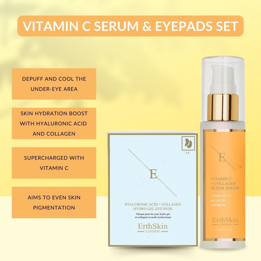 Serumflasche und Augenpads-Packung mit Text. Flasche mit gelbem Etikett, Schriftzug 'Vitamin C + Kollagen'. Augenpads-Packung mit blauem Hintergrund.